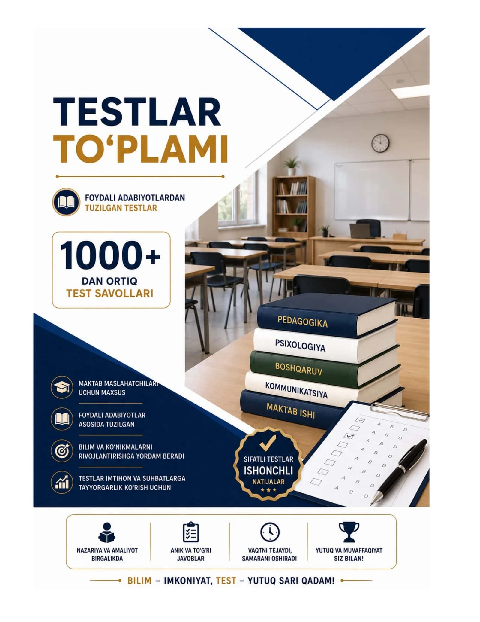 Maktab maslaxatchisi 1000 ta test javoblari bilan 1