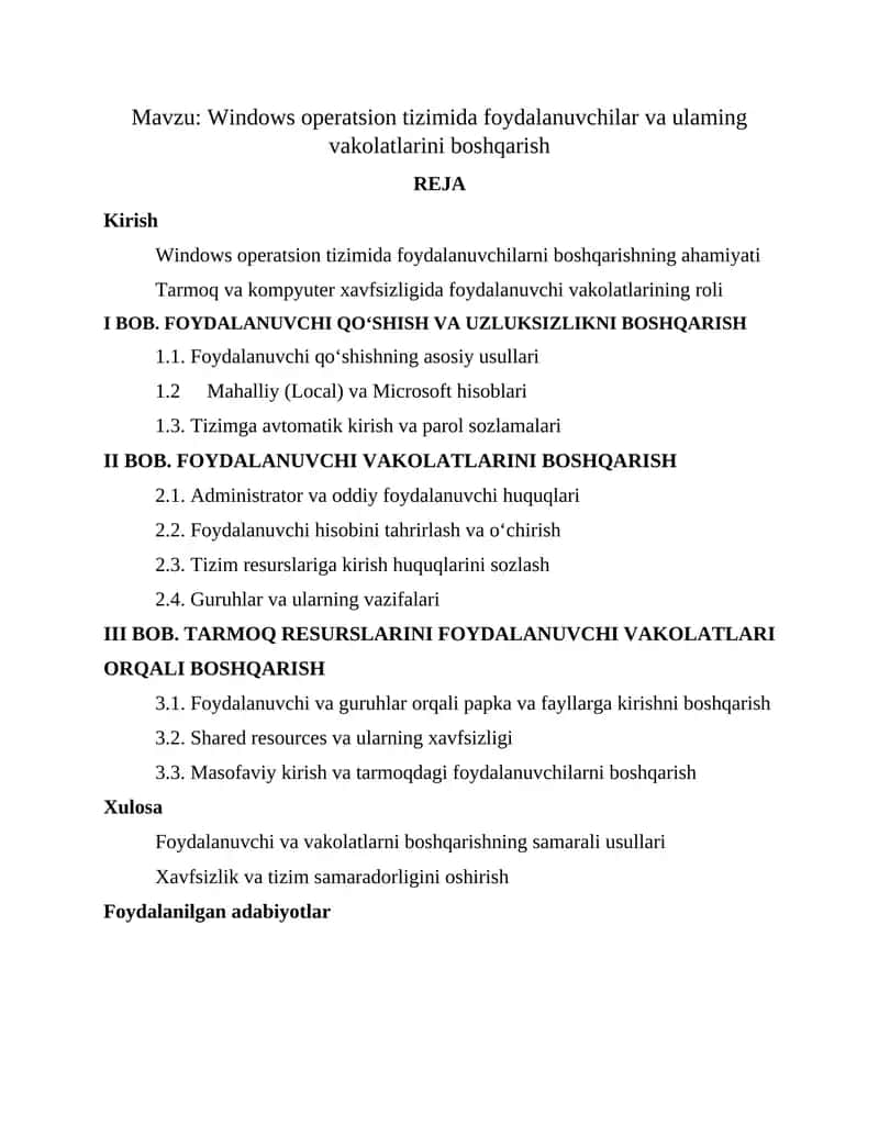 Windows operatsion tizimida foydalanuvchilar va ulaming vakolatlarini boshqarish 1