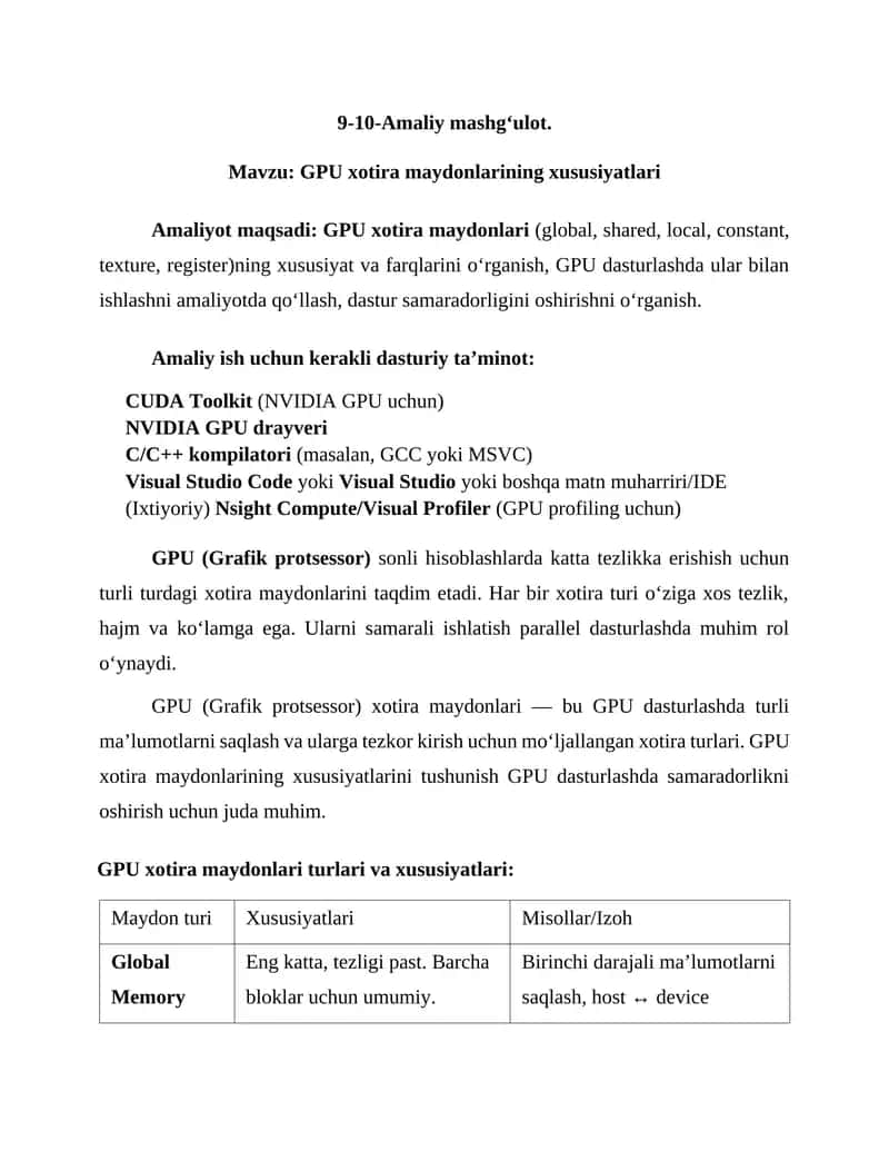 GPU xotira maydonlarining xususiyatlari 1