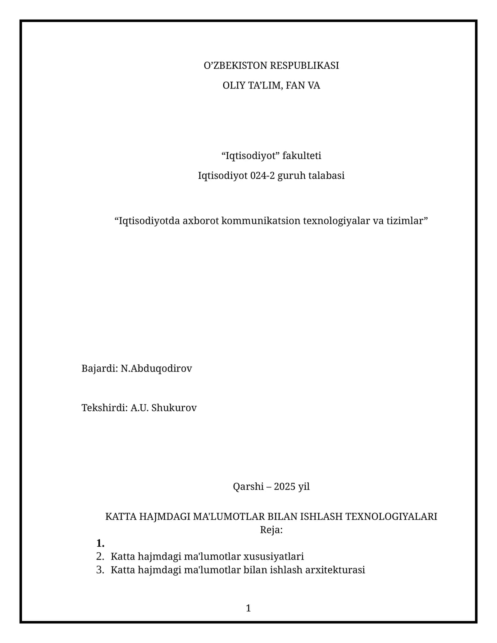 Katta hajmdagi ma'lumotlar bilan ishlash texnologiyalari 1