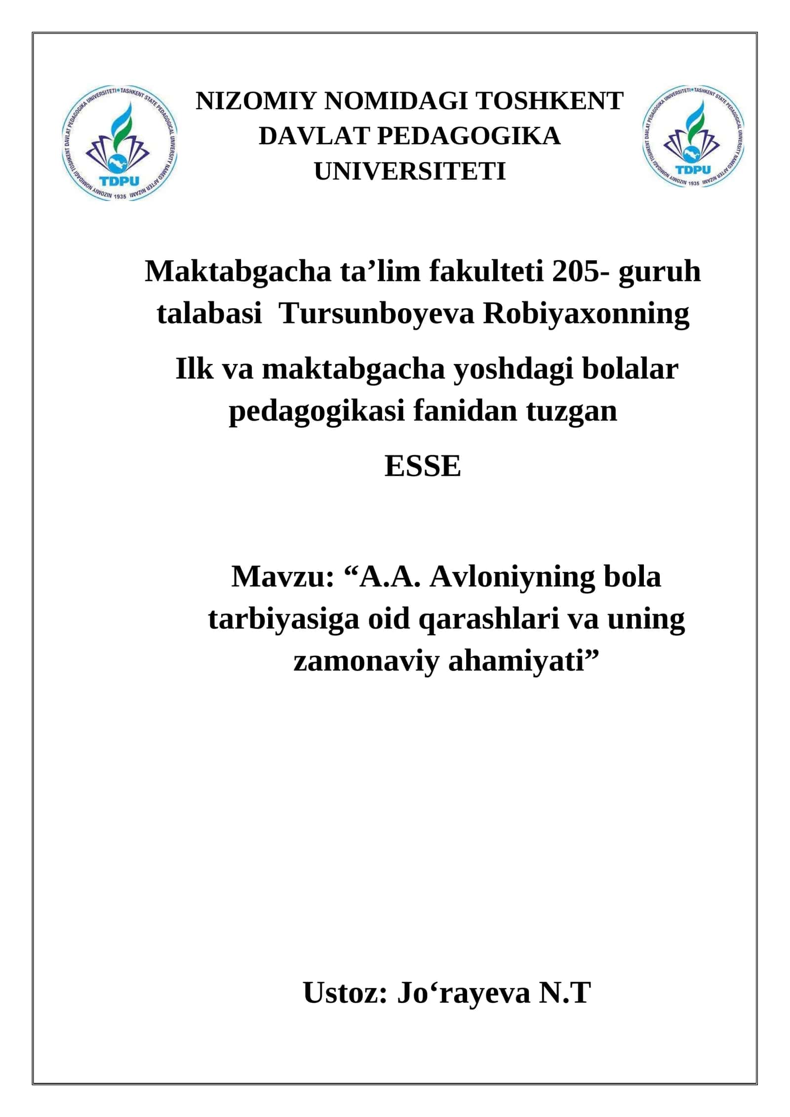 A.A. Avloniyning bola tarbiyasiga oid qarashlari va uning zamonaviy ahamiyati 1