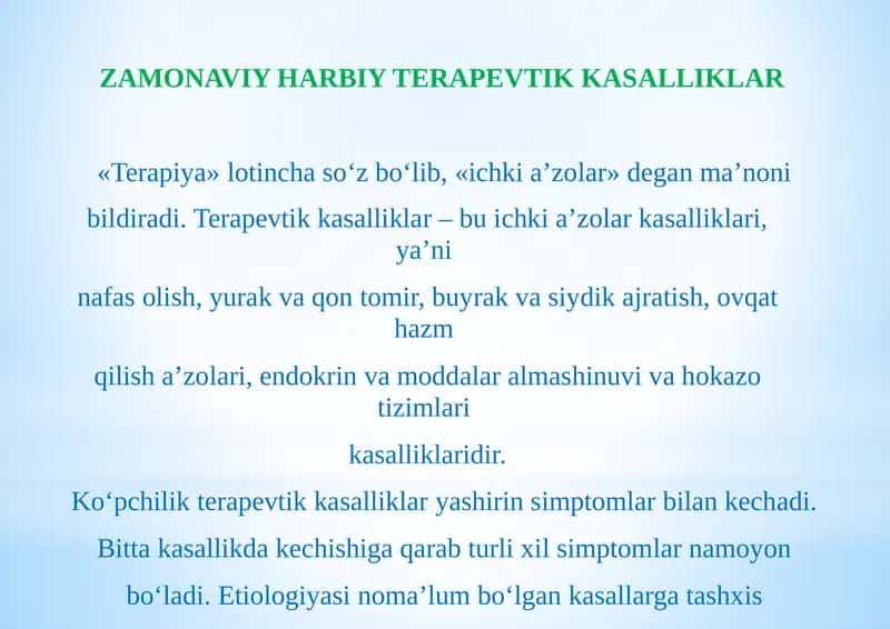 ZAMONAVIY HARBIY TERAPEVTIK KASALLIKLAR 1