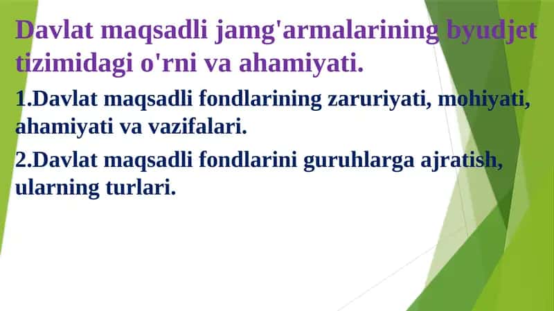 Davlat maqsadli jamg'armalarining byudjet tizimidagi o'rniva va ahmiyati 1