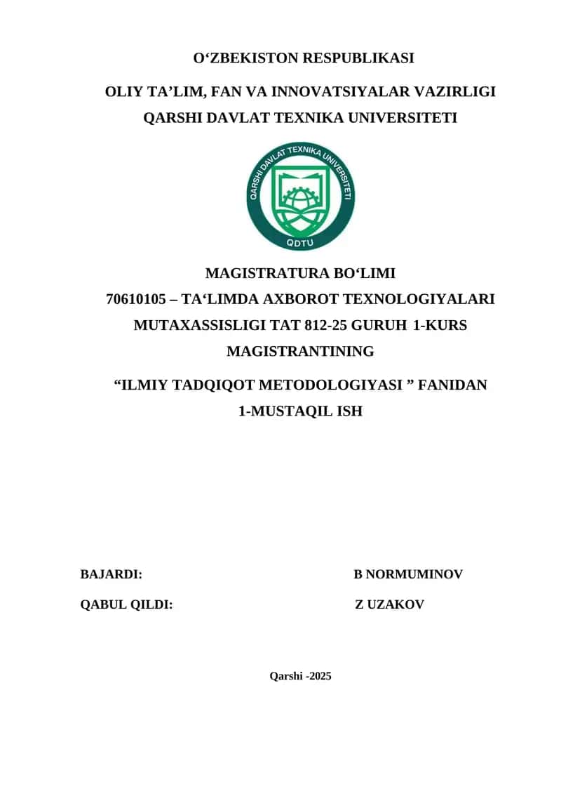 Ilmiy tadqiqot ishlarida Ta'limda innovatsion pedagogik texnologiyalarni targ'ib qiluvchi web platforma ishlab chiqishni maqsad va vazifalari, tadqiqot ob’yekti va predmetini aniqlash uslubiyati. 1