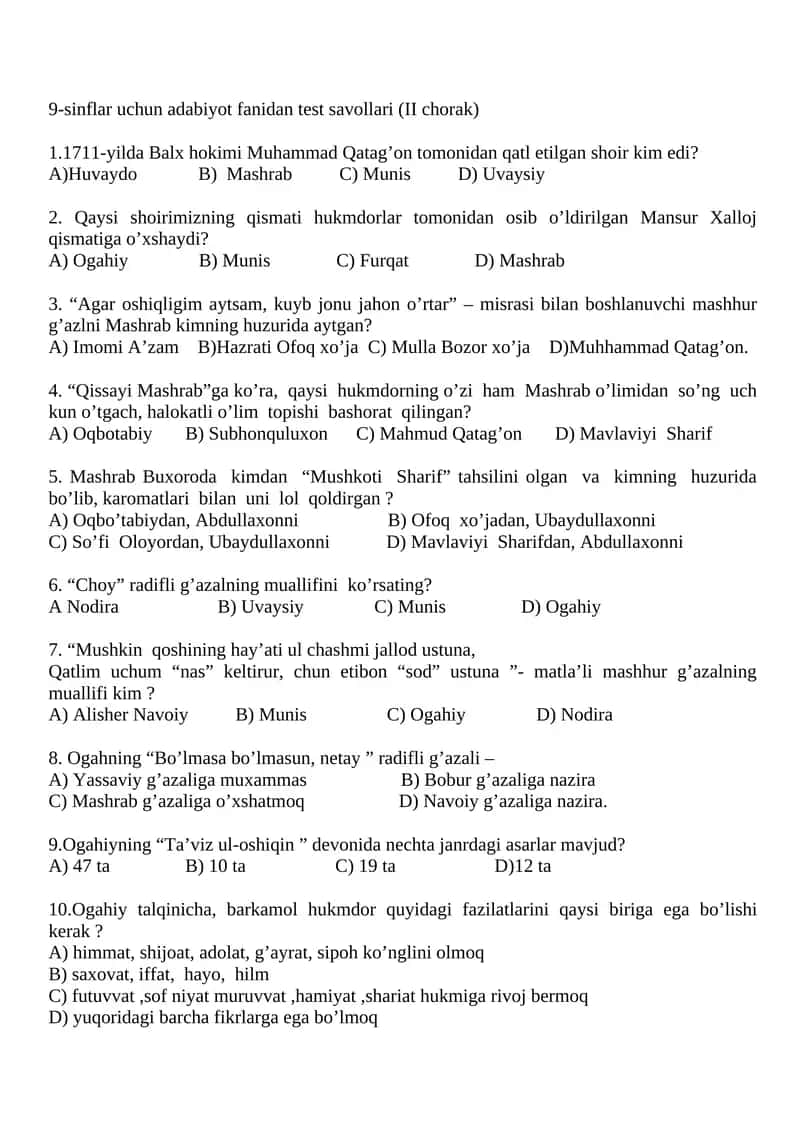 9-sinflar uchun adabiyot fanidan test savollari (II chorak) 1