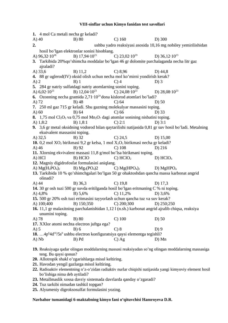 VIII-sinflar uchun Kimyo fanidan test savollari 1