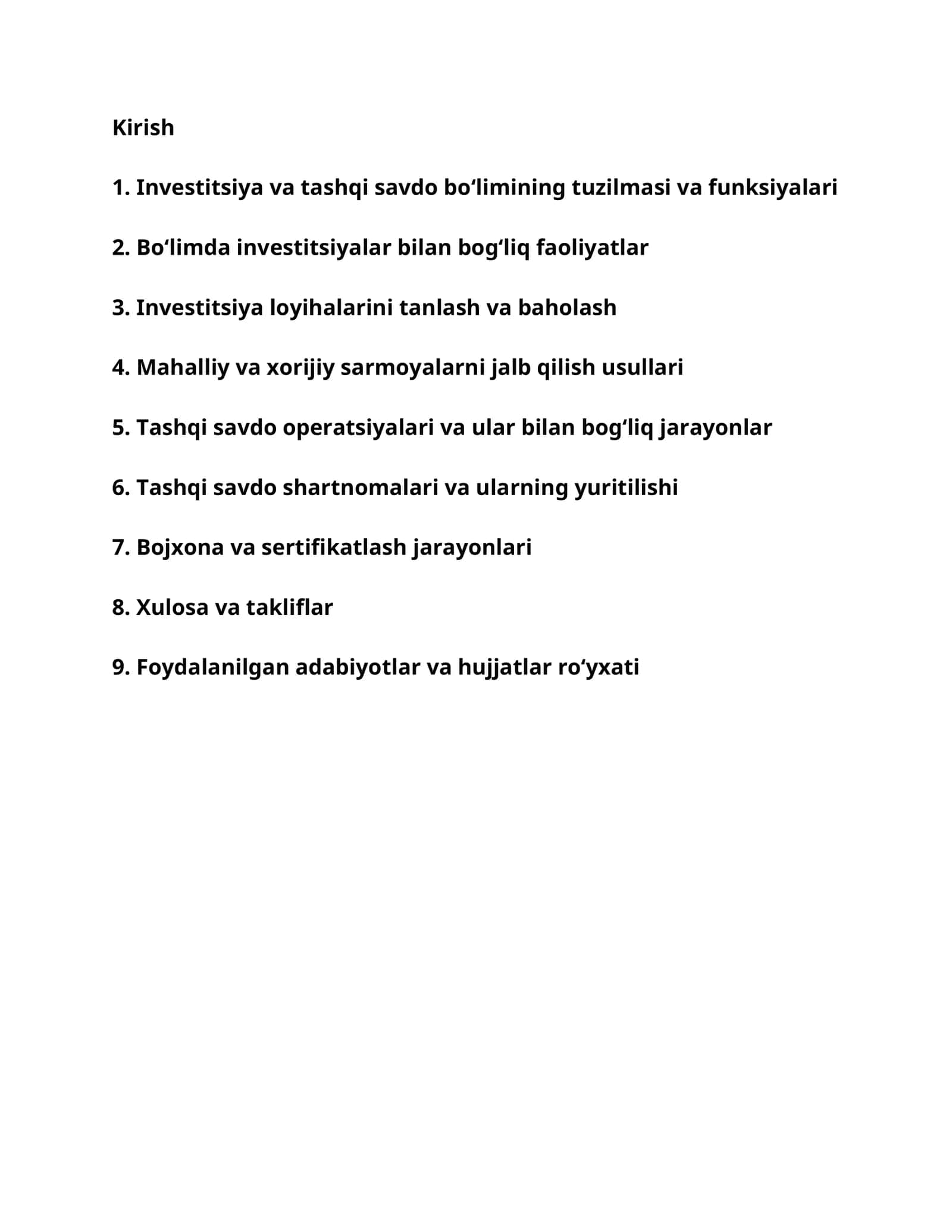 Investitsiya va tashqi savdo bo‘limining tuzilmasi va funksiyalari 1