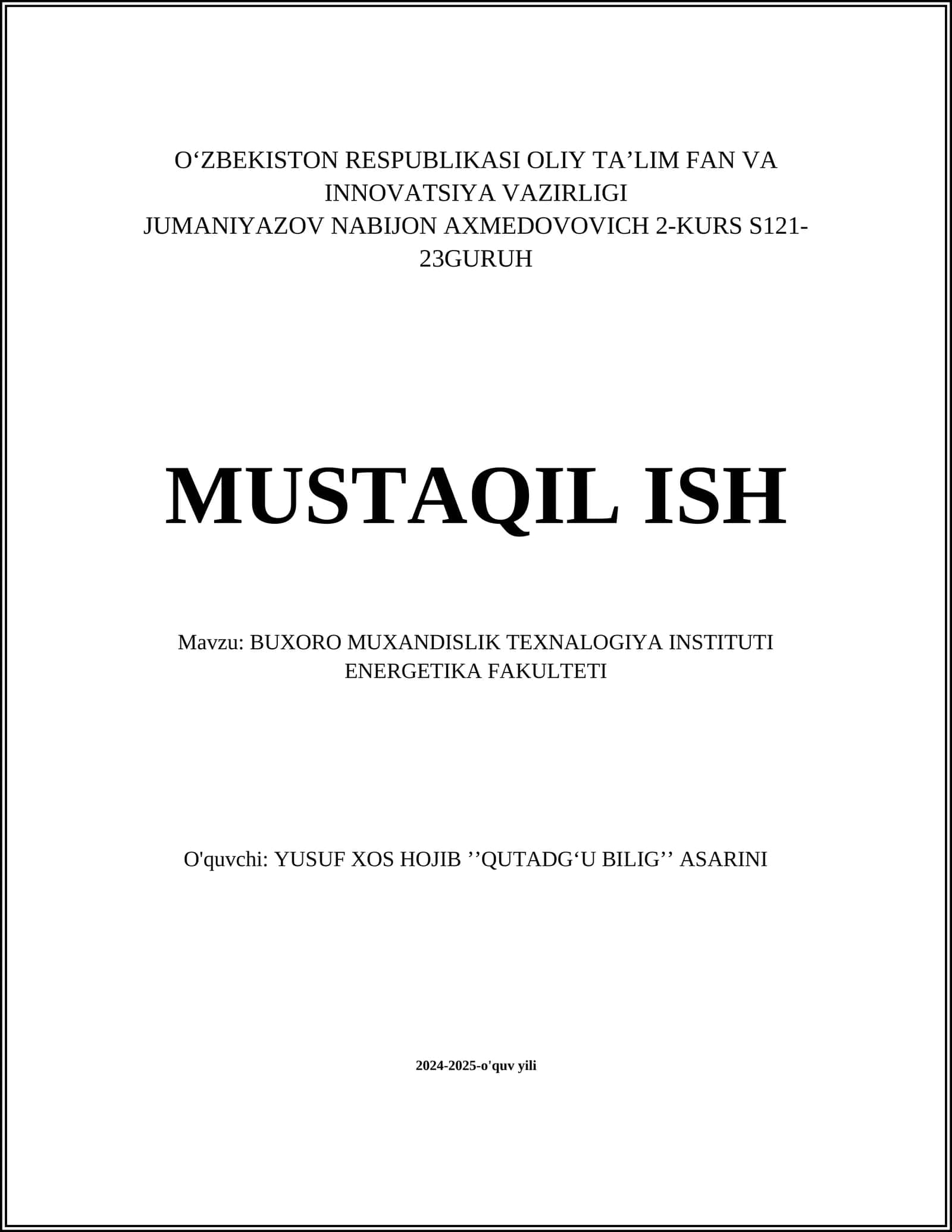 BUXORO MUXANDISLIK TEXNALOGIYA INSTITUTI ENERGETIKA FAKULTETI 1