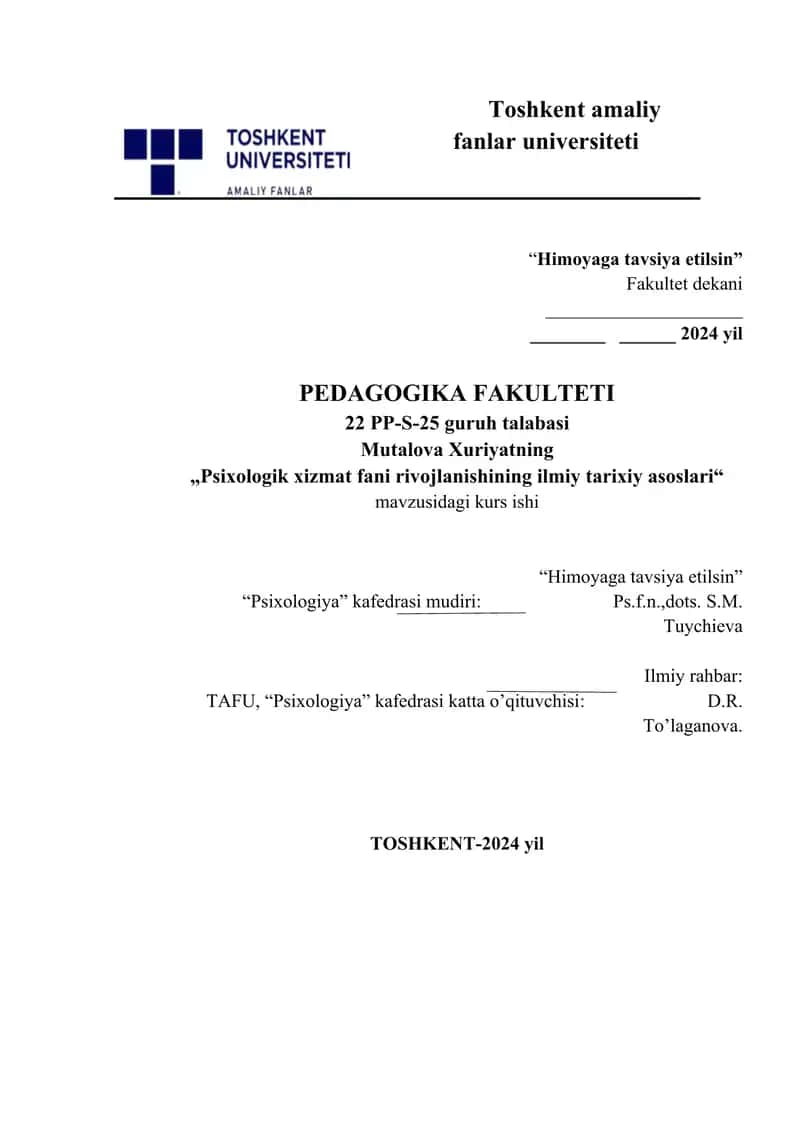 Psixologik xizmat fani rivojlanishining ilmiy tarixiy asoslari 1