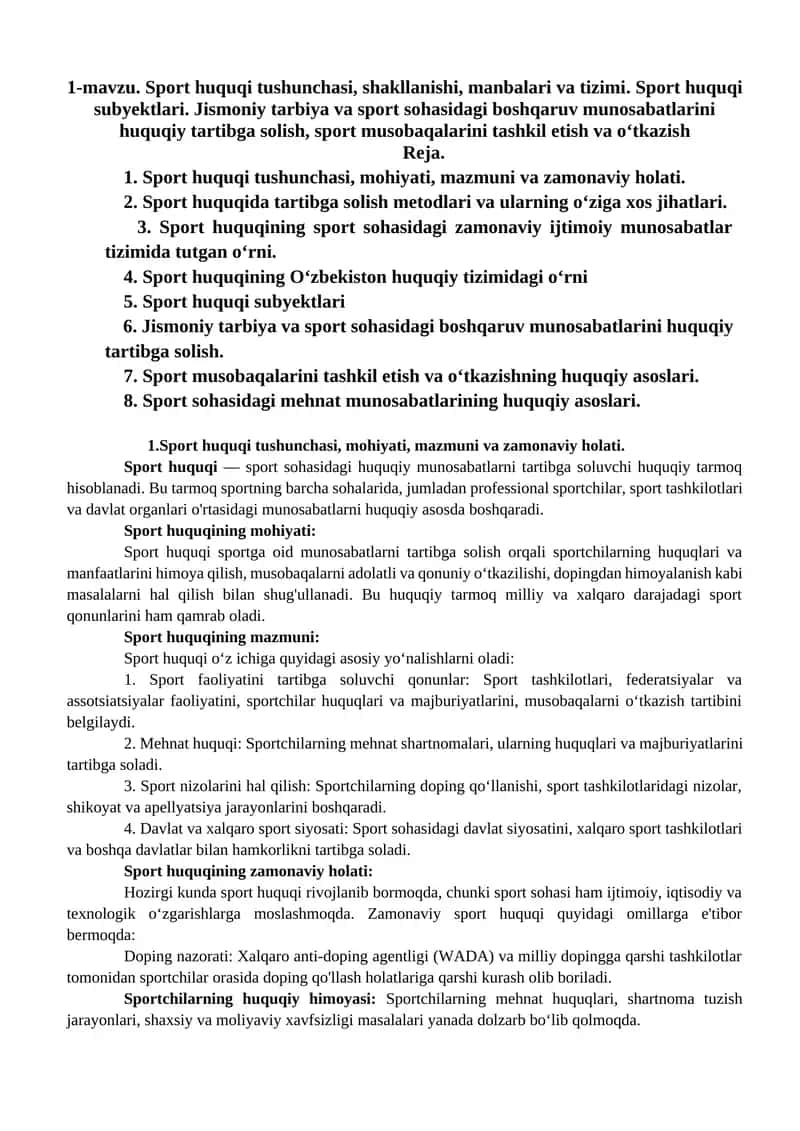 Sport huquqi tushunchasi, shakllanishi, manbalari va tizimi 1