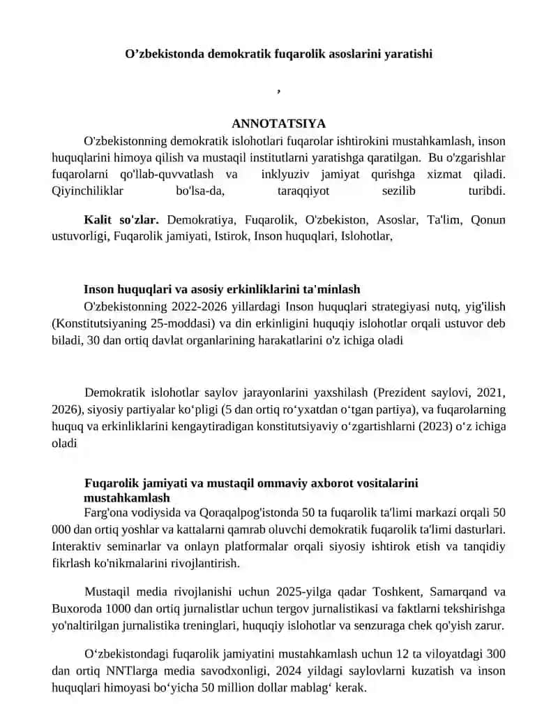 Demokratik islohotlar va fuqarolik jamiyatini mustahkamlash