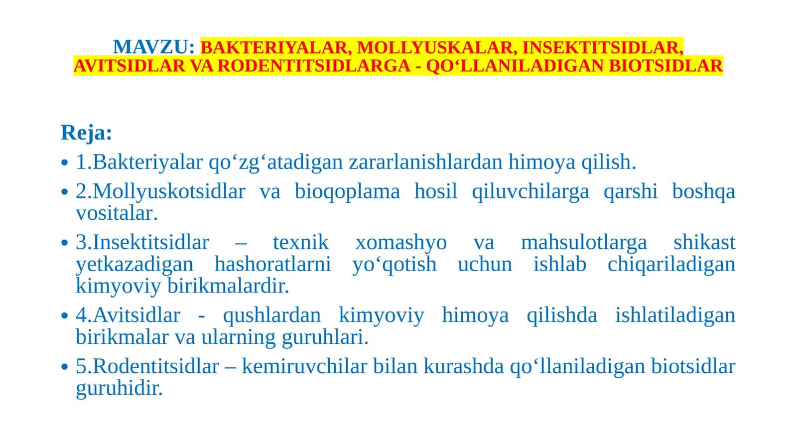 BAKTERIYALAR, MOLLYUSKALAR, INSEKTITSIDLAR, AVITSIDLARVARODENTITSIDLARGA-QO‘LLANILADIGAN BIOTSIDLAR 1