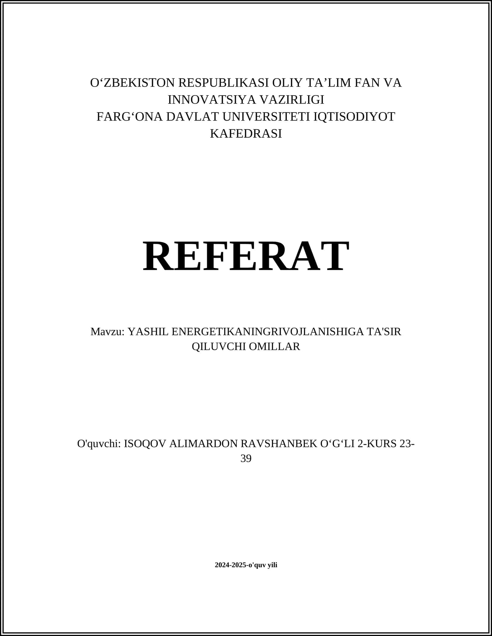 YASHIL ENERGETIKANING RIVOJLANISHIGA TA'SIR QILUVCHI OMILLAR 1