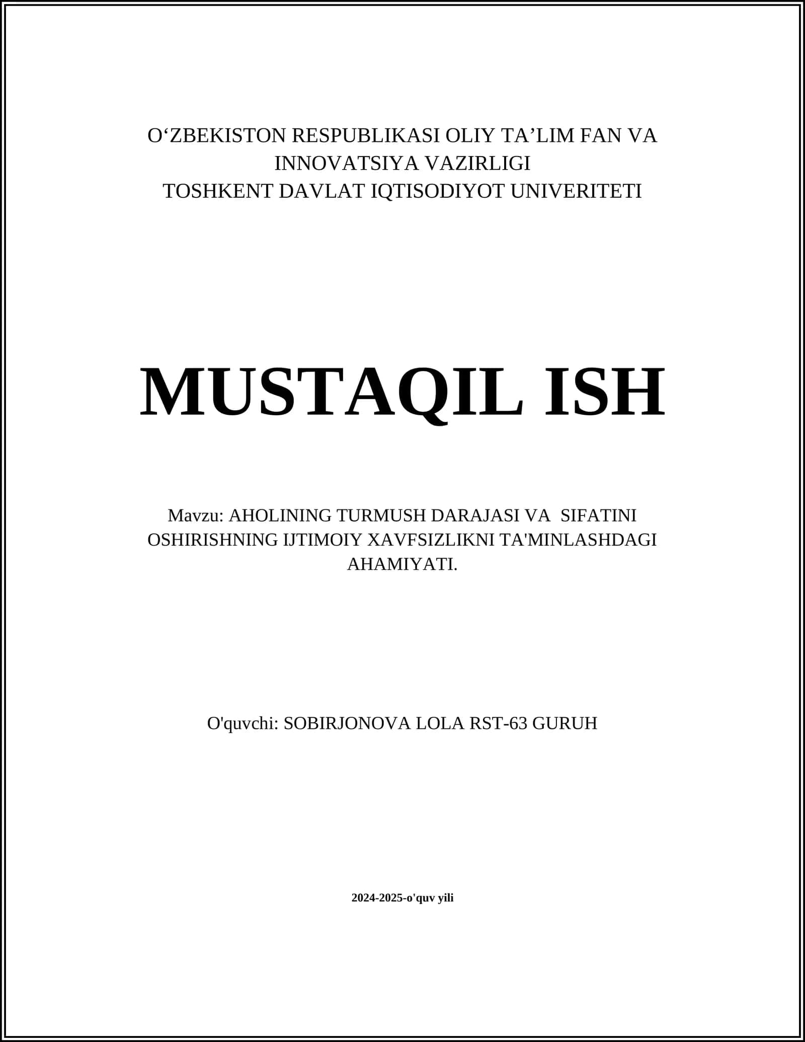 AHOLINING TURMUSH DARAJASI VA SIFATINI OSHIRISHNING IJTIMOIY XAVFSIZLIKNI TA'MINLASHDAGI AHAMIYATI 1