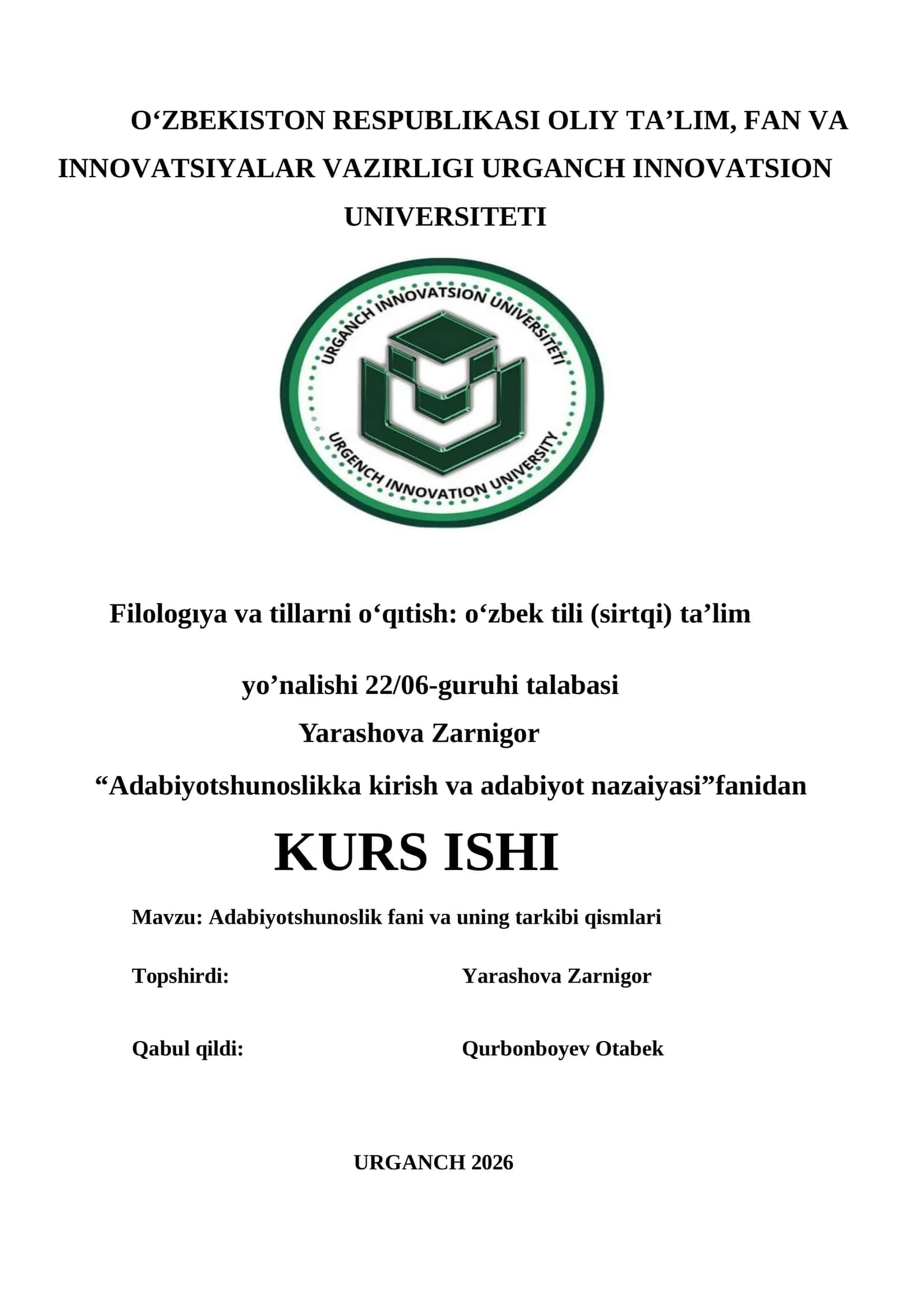 Filologıya va tillarni o‘qıtish: o‘zbek tili (sirtqi) ta’lim 1