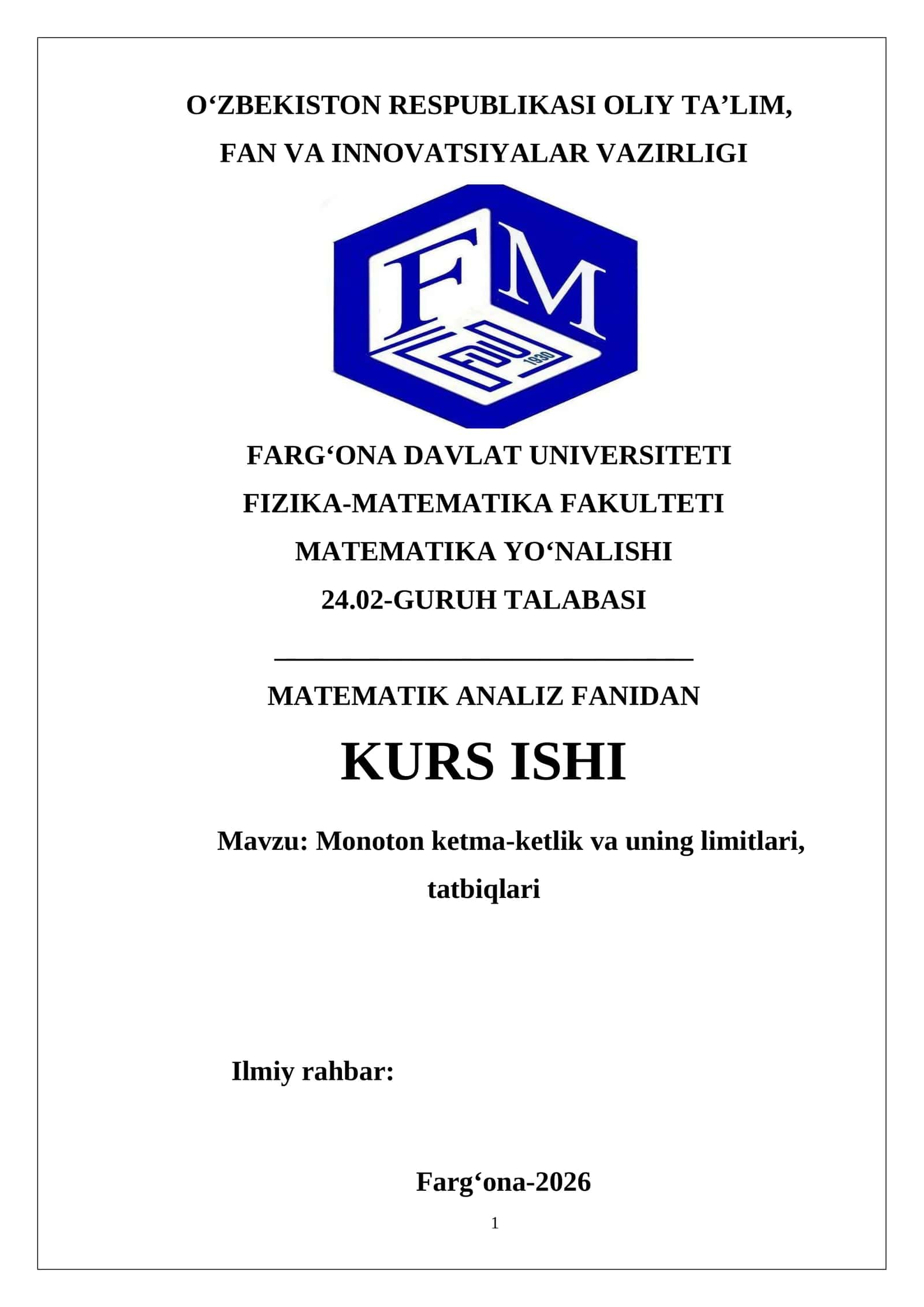 Monoton ketma-ketlik va uning limitlari, tatbiqlari 26 1
