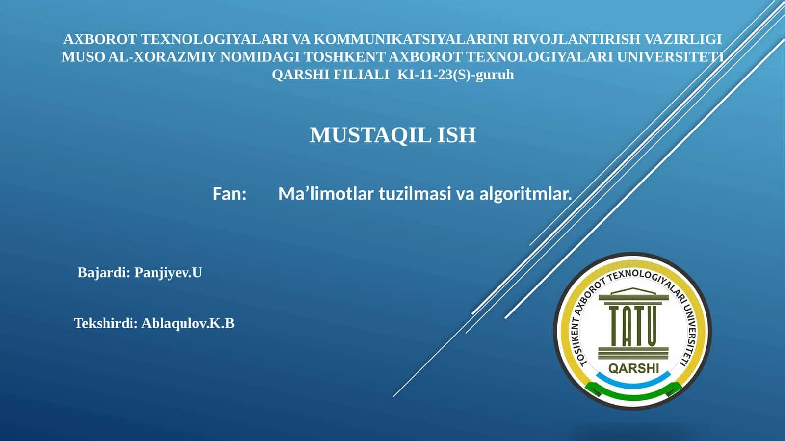 Fan: Ma’limotlar tuzilmasi va algoritmlar 1