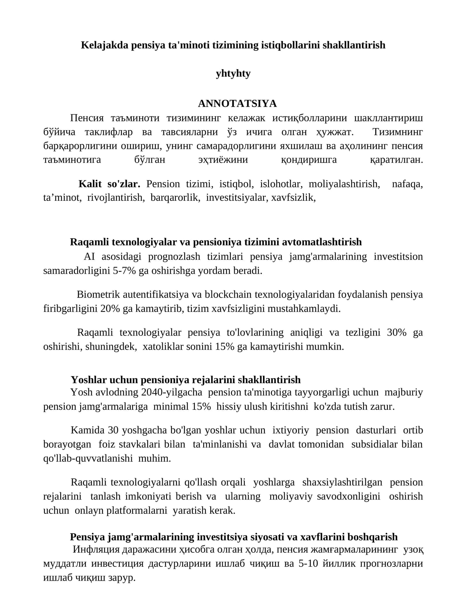Kelajakda pensiya ta'minoti tizimining istiqbollarini shakllantirish 1