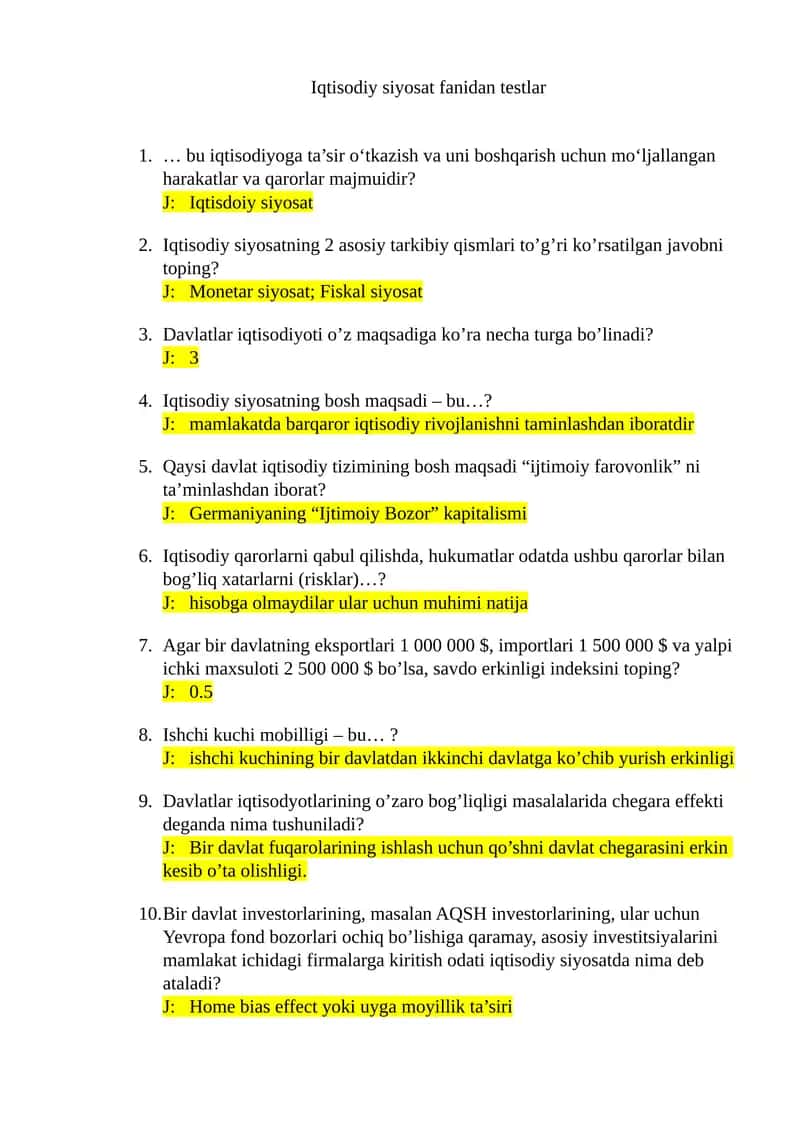 Iqtisodiy siyosat fanidan testlar 1