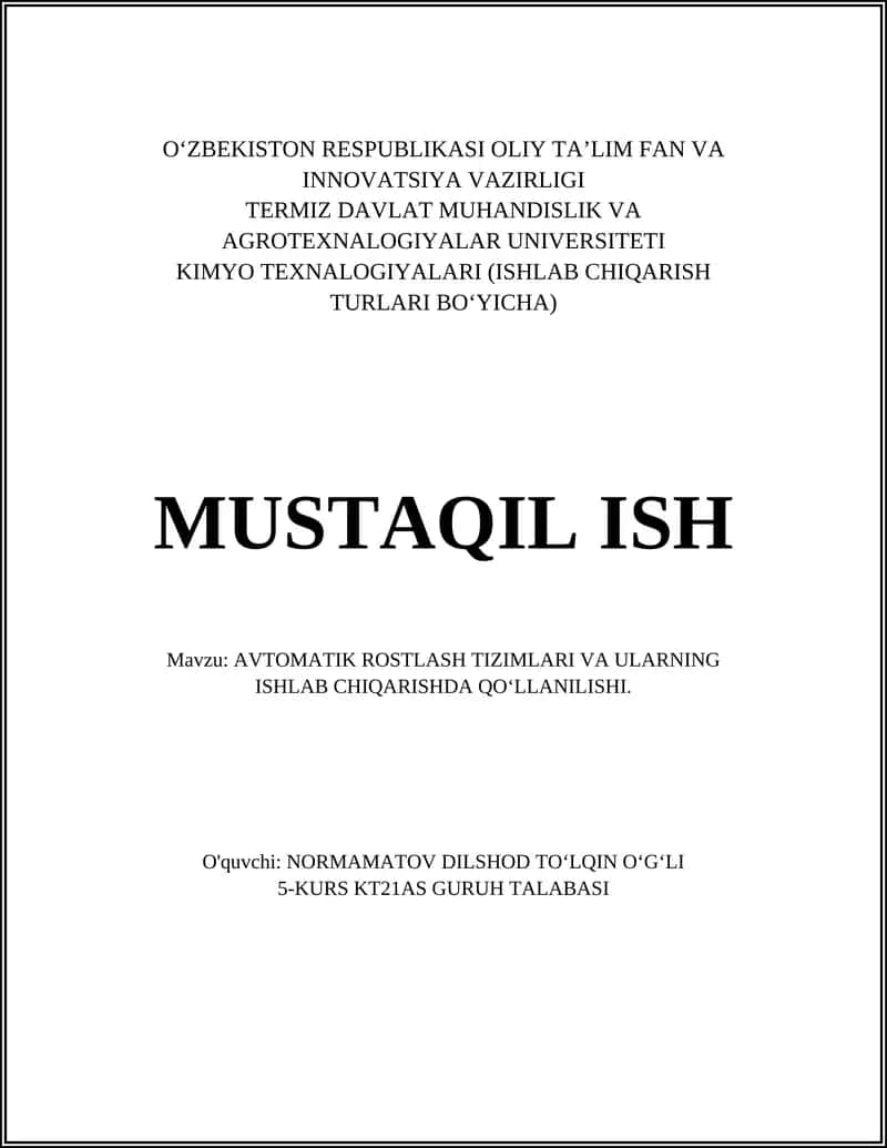 AVTOMATIK ROSTLASH TIZIMLARI VA ULARNING ISHLAB CHIQARISHDA QOʻLLANILISHI 1