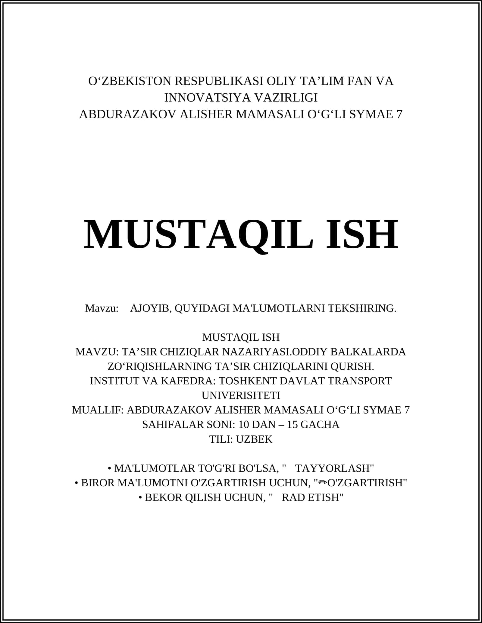 TAʼSIR CHIZIQLAR NAZARIYASI.ODDIY BALKALARDA ZOʻRIQISHLARNING TAʼSIR CHIZIQLARINI QURISH 1
