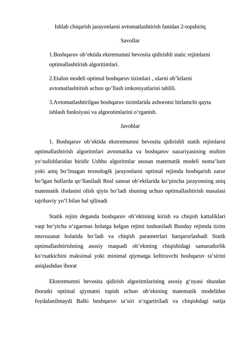 Boshqaruv ob’ektida ektremumni bevosita qidirishli static rejimlarni optimallashtirish algoritimlari 1