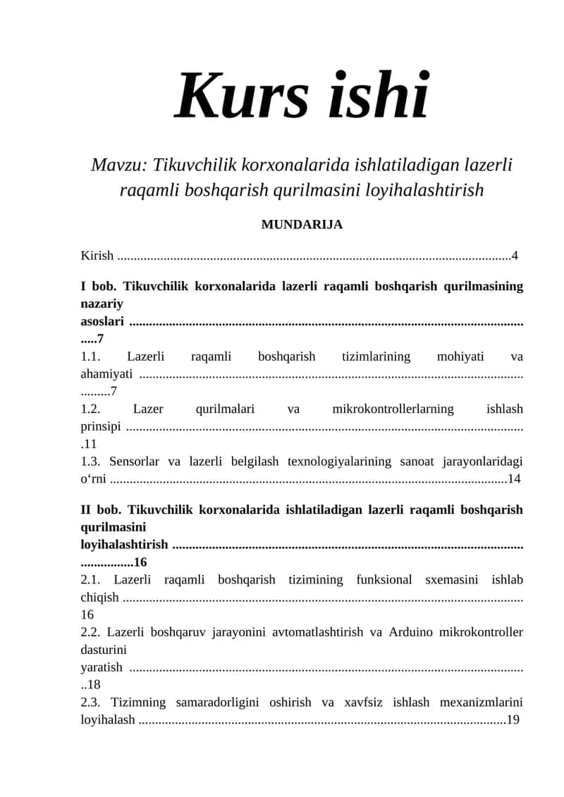 Tikuvchilik korxonalarida ishlatiladigan lazerli raqamli boshqarish qurilmasini loyihalashtirish 1
