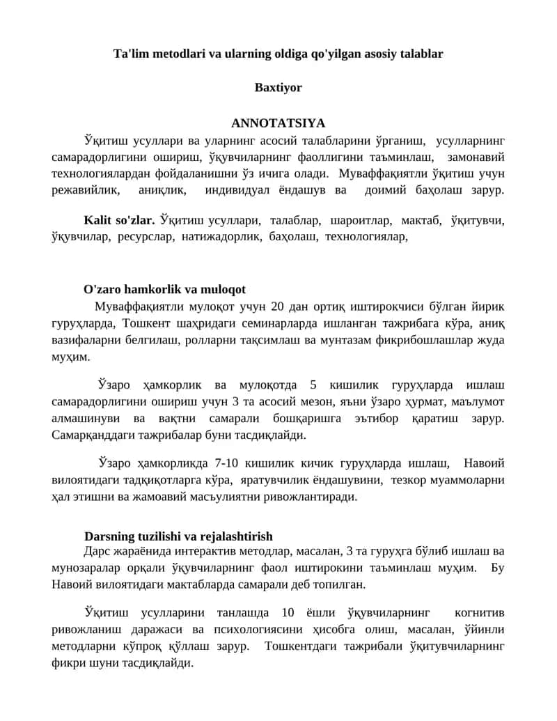Ta'lim metodlari va ularning oldiga qo'yilgan asosiy talablar 1