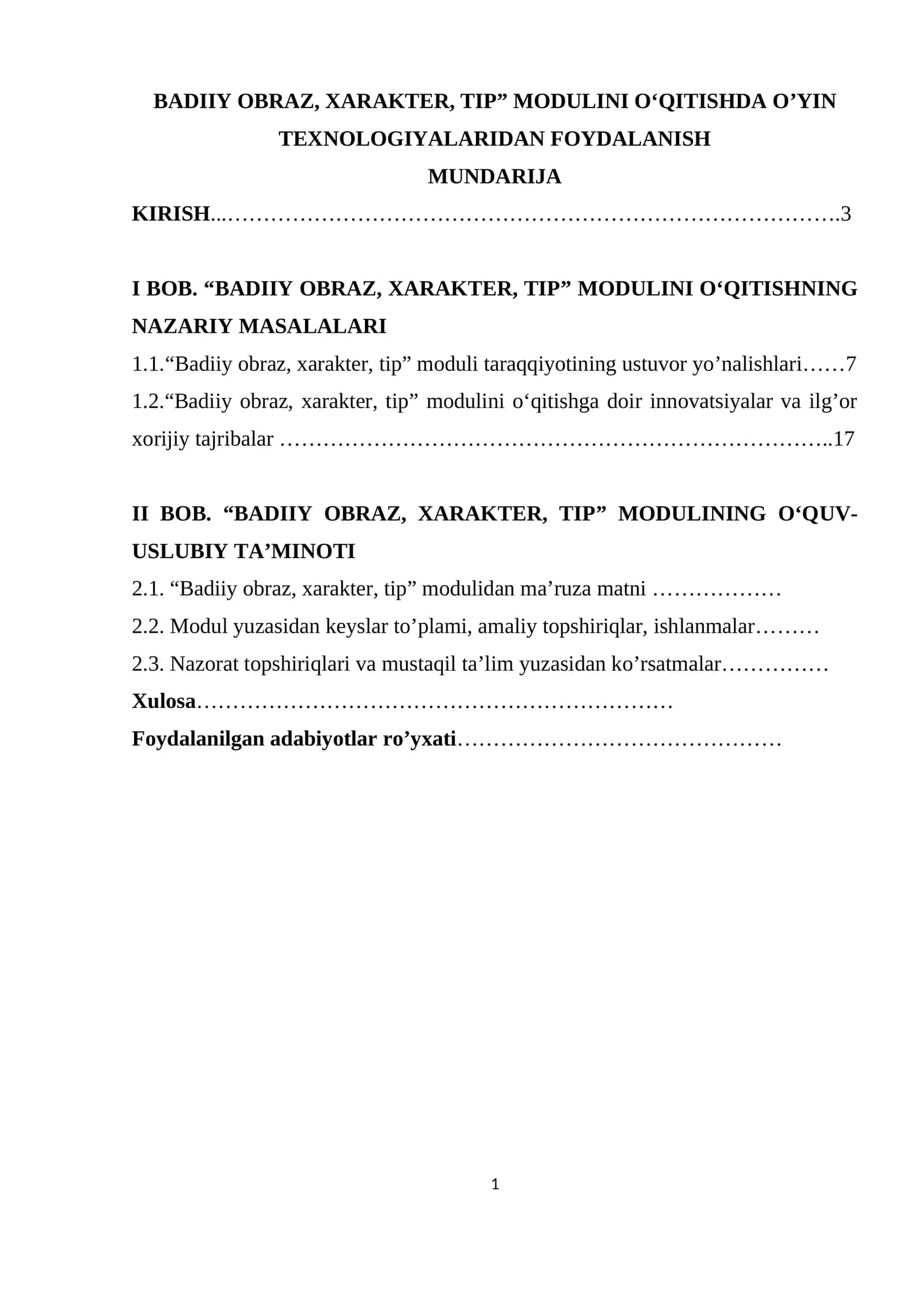 “BADIIY OBRAZ, XARAKTER, TIP” MODULINI O‘QITISHDA O’YIN TEXNOLOGIYALARIDAN FOYDALANISH 1