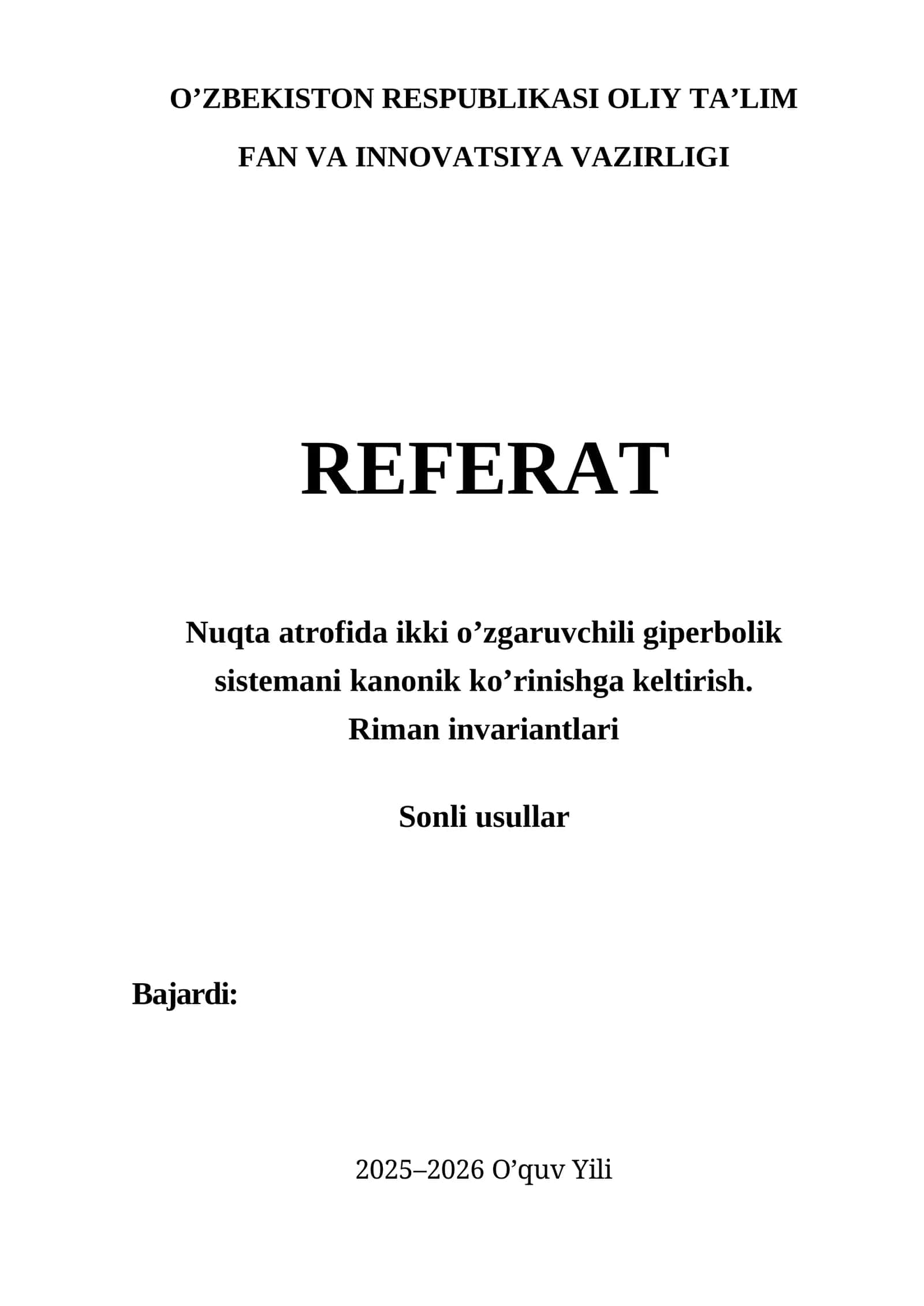 Nuqta atrofida ikki o’zgaruvchili giperbolik sistemani kanonik ko’rinishga keltirish. Riman invariantlari 1