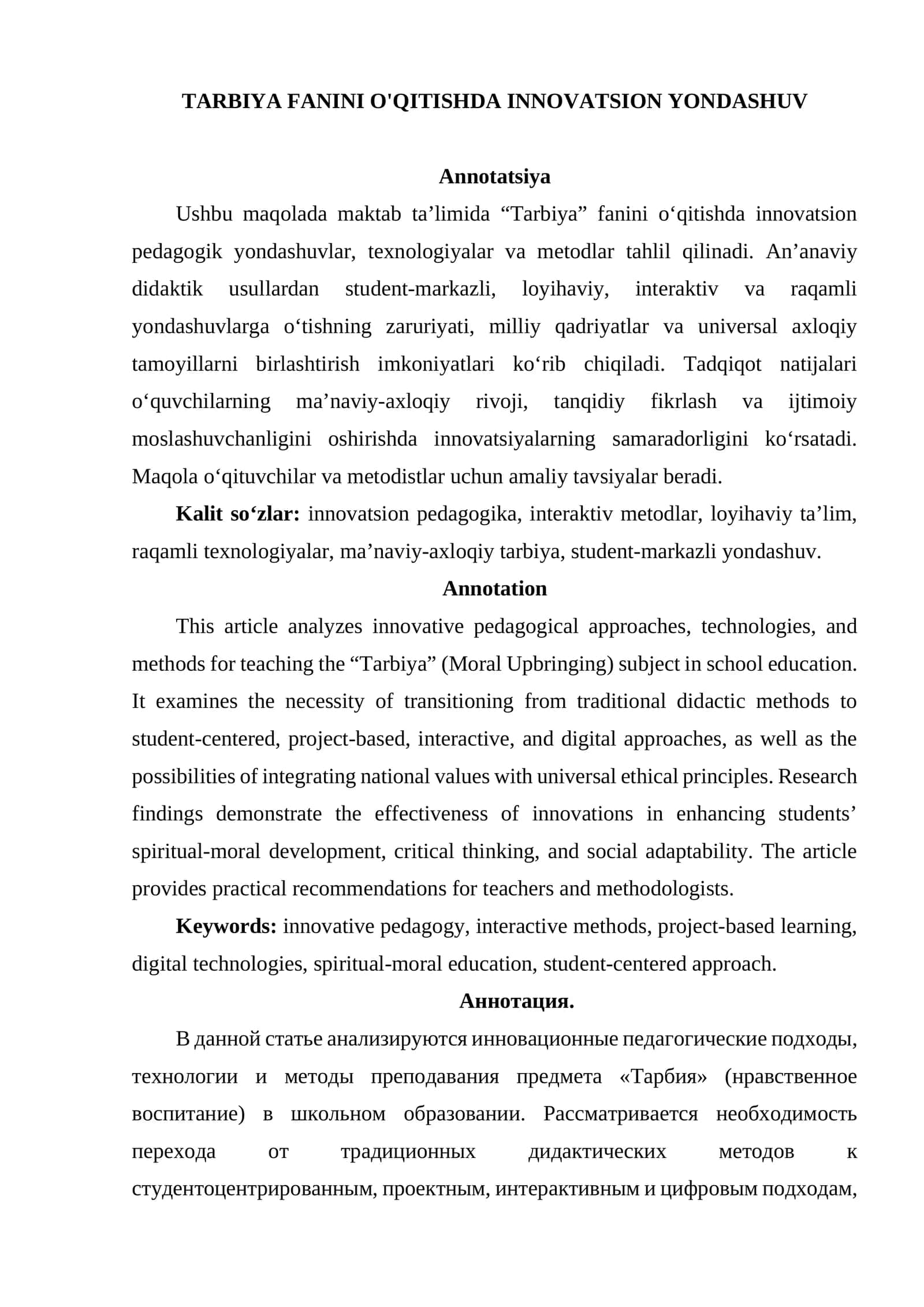 TARBIYA FANINI O'QITISHDA INNOVATSION YONDASHUV 1