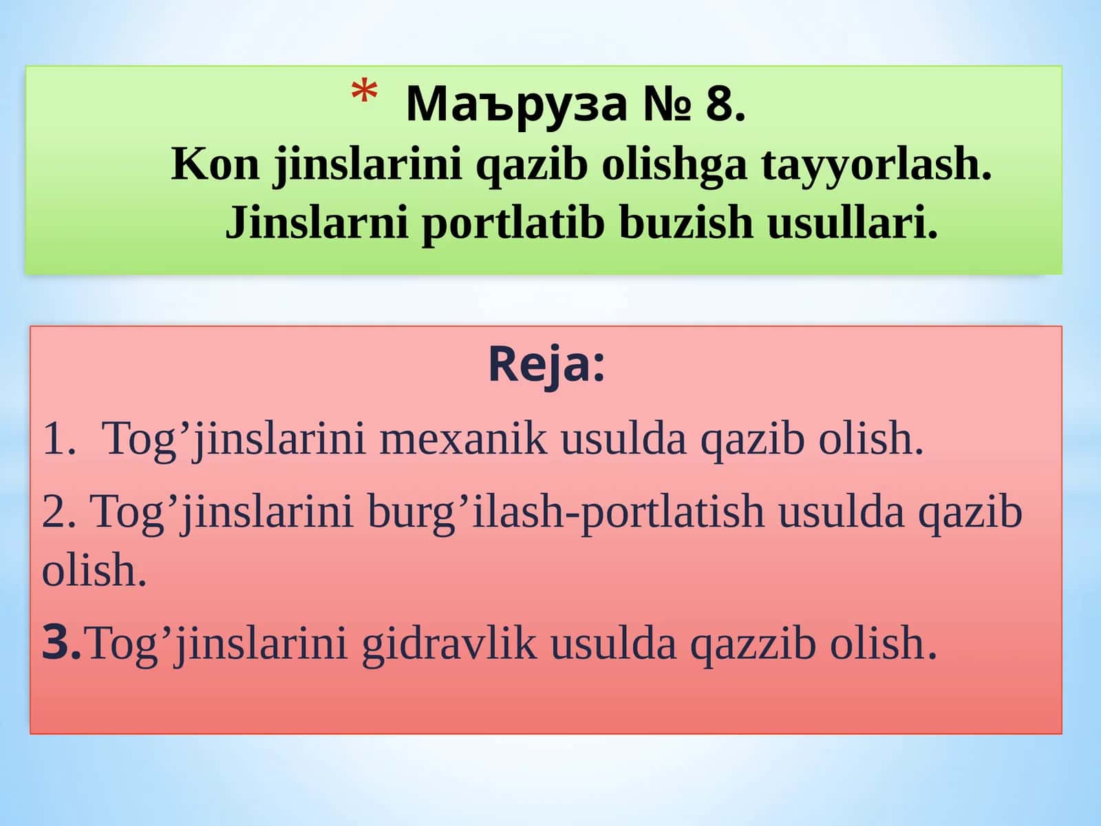 Kon jinslarini qazib olishga tayyorlash.Jinslarni portlatib buzish usullari. 1