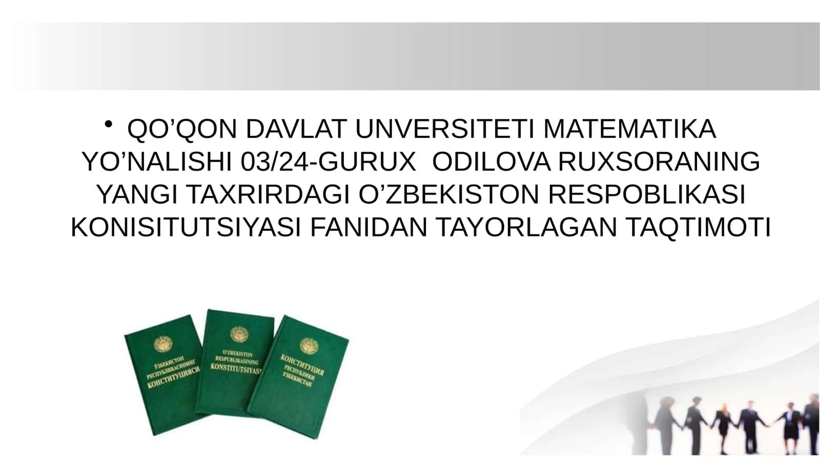 YANGI TAXRIRDAGI O’ZBEKISTON RESPOBLIKASI KONISITUTSIYASI FANIDAN TAYORLAGAN TAQTIMOTI 1