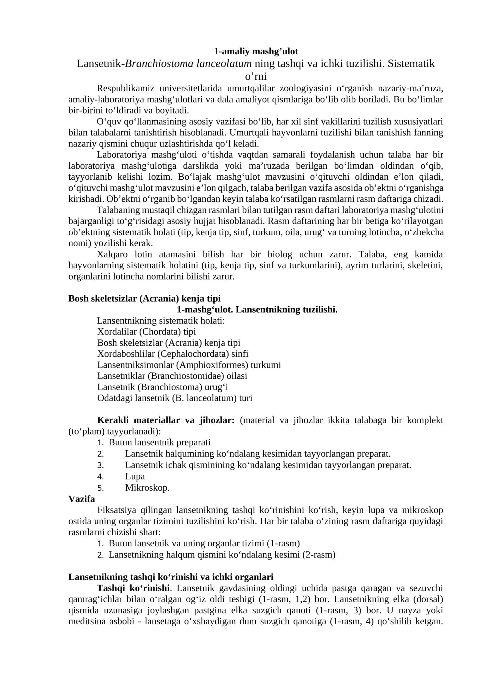 Lansetnik-Branchiostoma lanceolatum ning tashqi va ichki tuzilishi. Sistematik o’rni 1