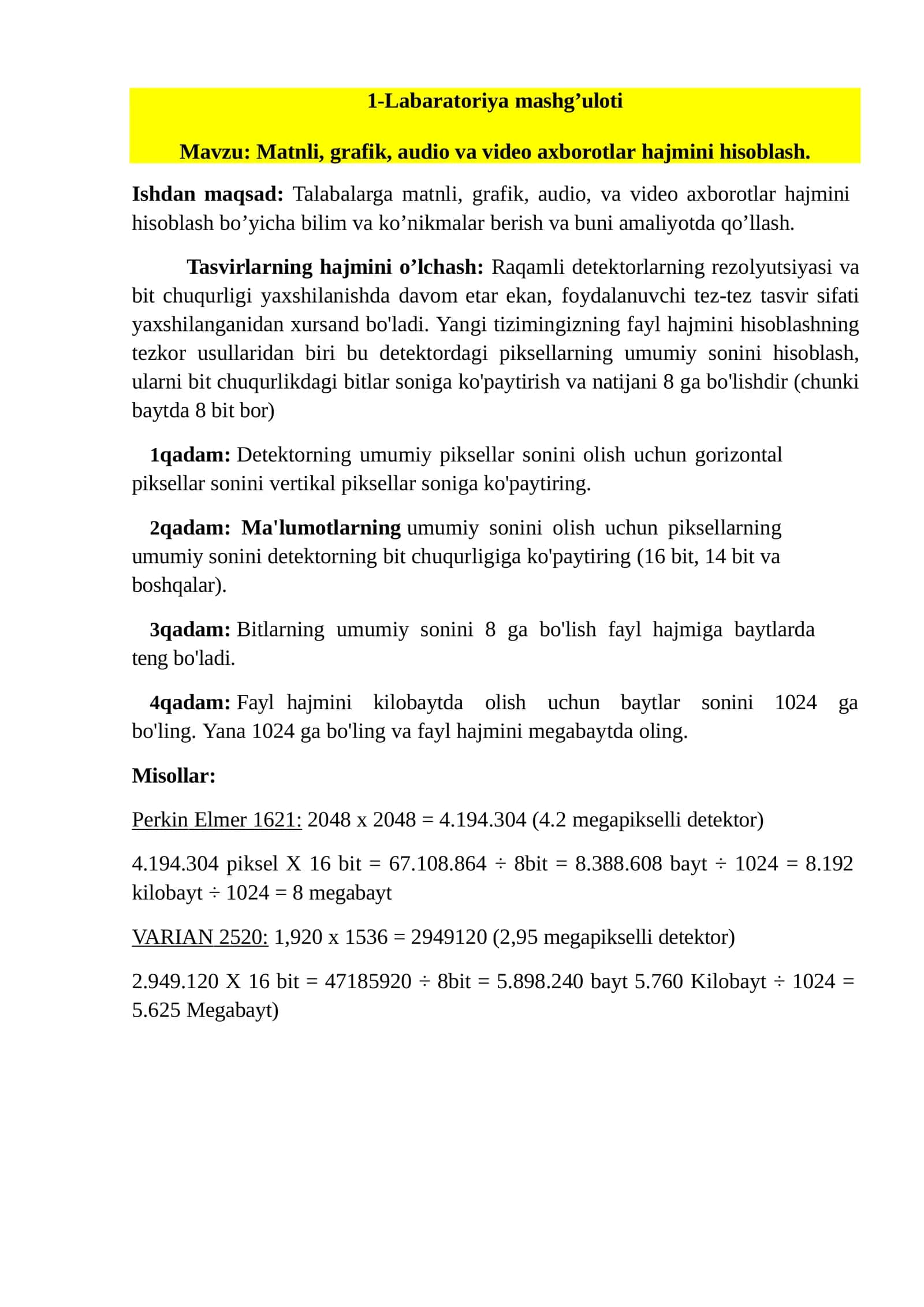 Matnli, grafik, audiovideo axborotlar hajmini hisoblash 1