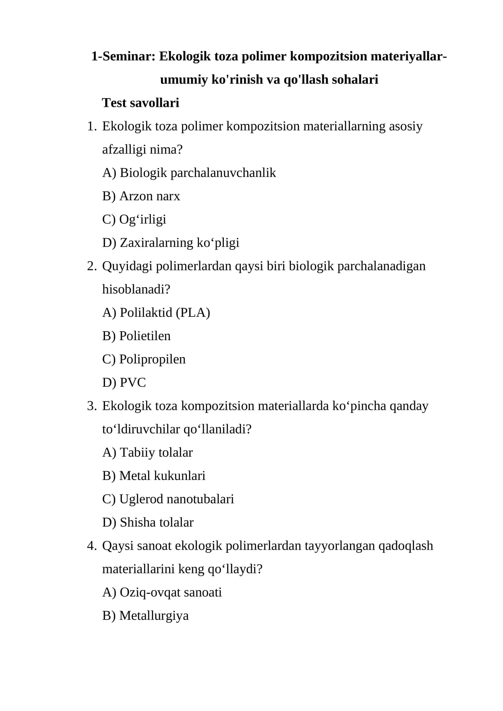 Ekologik toza polimer kompozitsion materiyallar-umumiy ko'rinish va qo'llash sohalari 1
