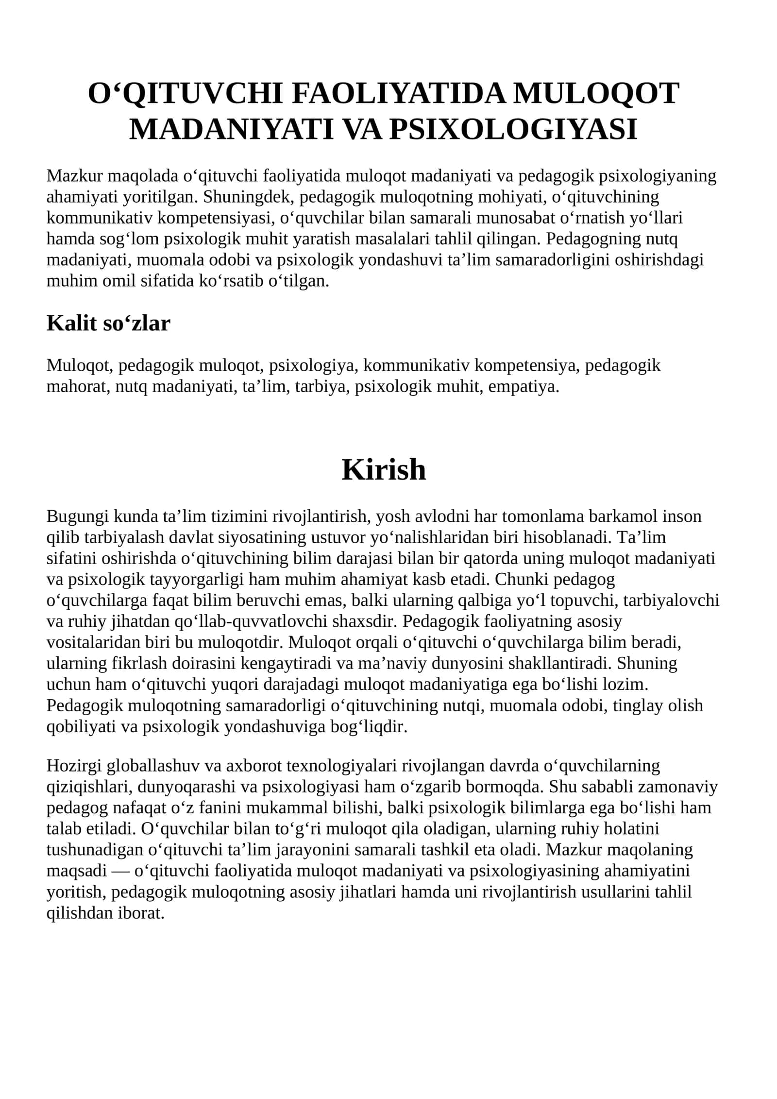 O‘QITUVCHI FAOLIYATIDA MULOQOT MADANIYATI VA PSIXOLOGIYASI 1