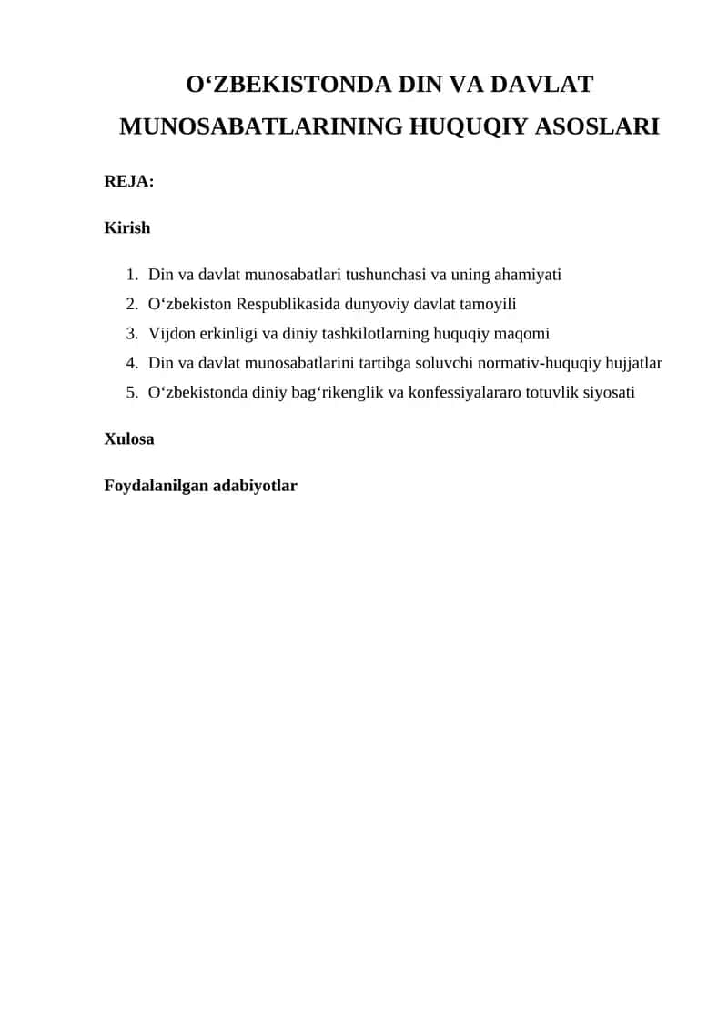 OʻZBEKISTONDA DIN VA DAVLAT MUNOSABATLARINING HUQUQIY ASOSLARI 1