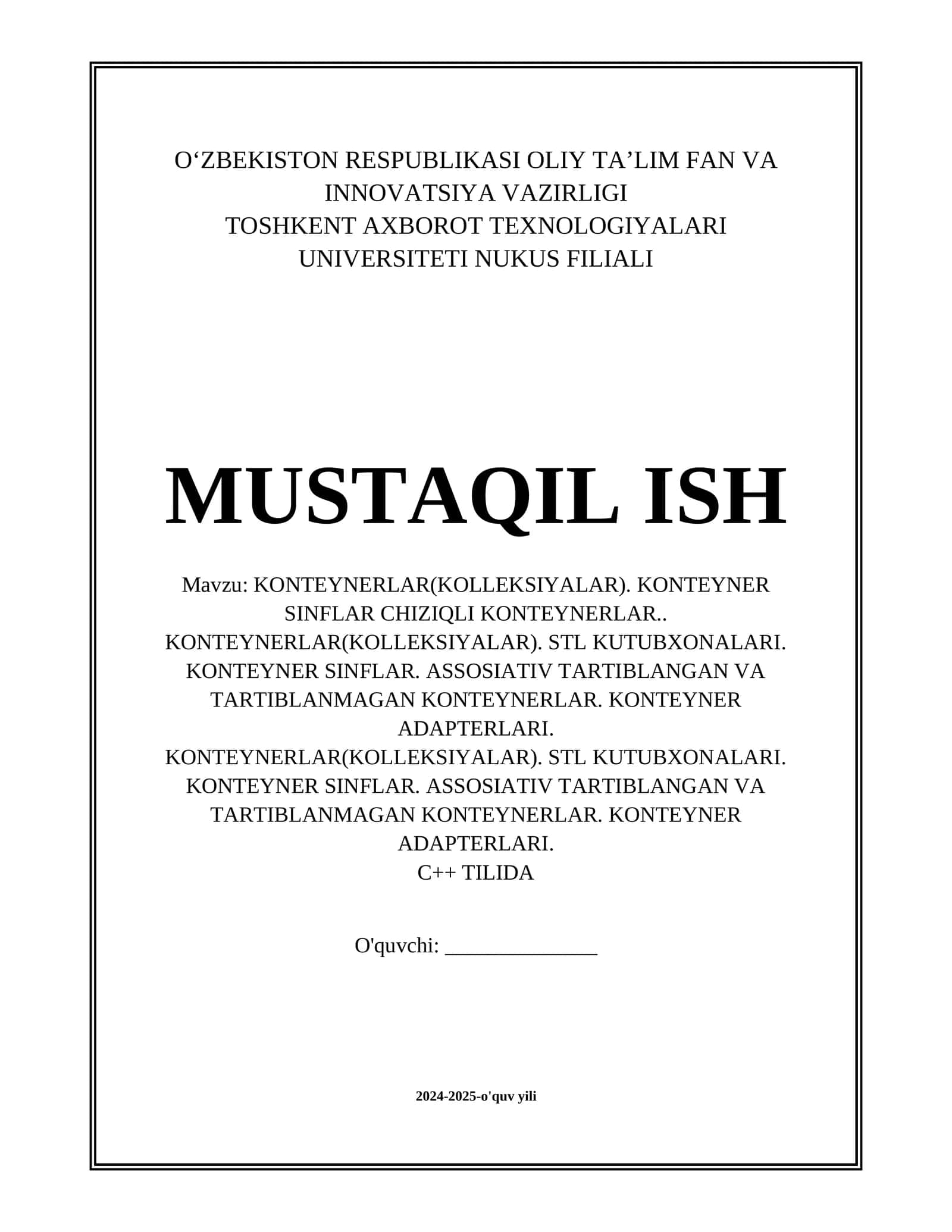 KONTEYNERLAR(KOLLEKSIYALAR). KONTEYNER SINFLAR CHIZIQLI KONTEYNERLAR.. KONTEYNERLAR(KOLLEKSIYALAR). STL KUTUBXONALARI. KONTEYNER SINFLAR. ASSOSIATIV TARTIBLANGAN VA TARTIBLANMAGAN KONTEYNERLAR. KONTEYNER ADAPTERLARI. C++ da 1