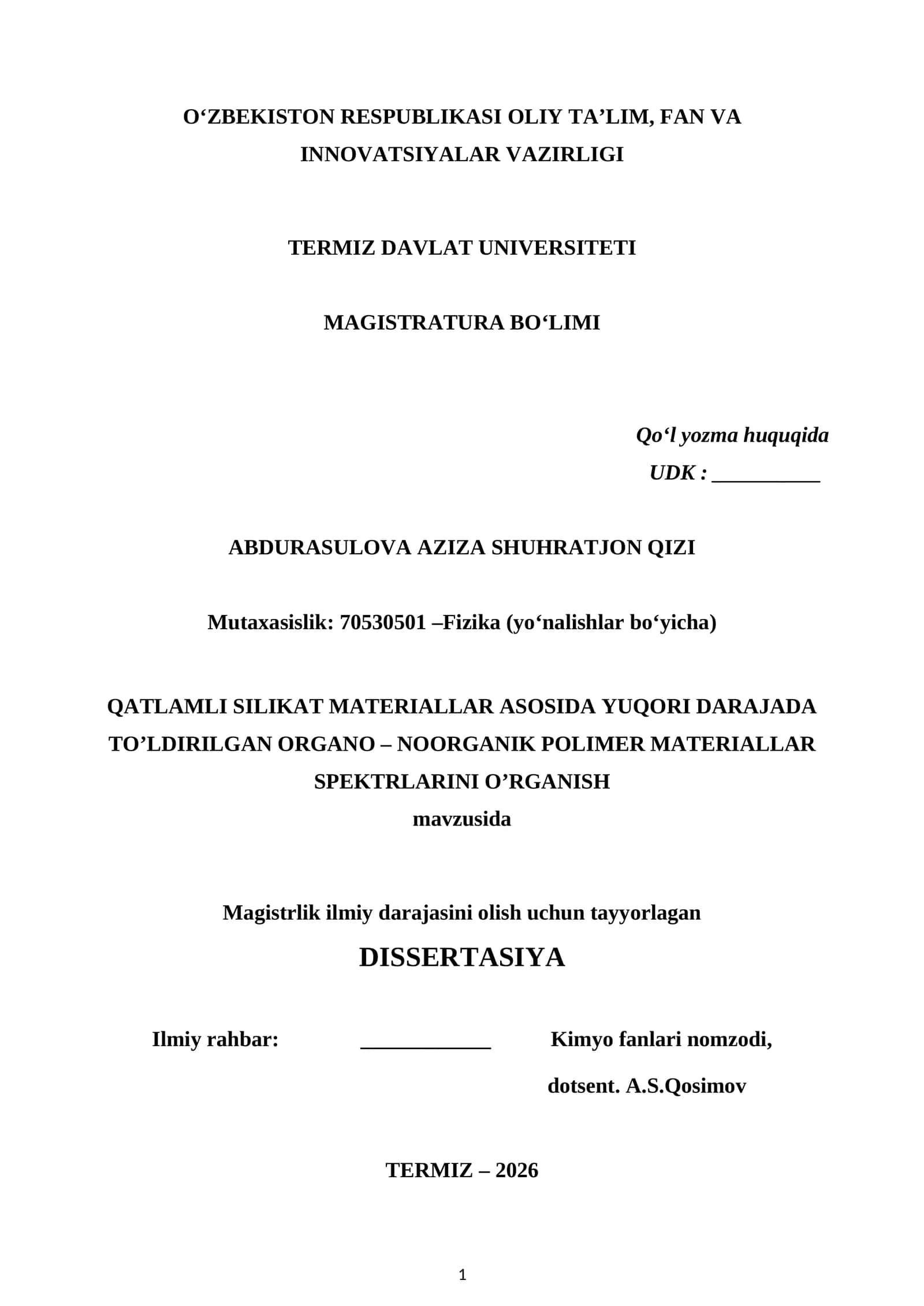 QATLAMLI SILIKAT MATERIALLAR ASOSIDA YUQORI DARAJADA TO'LDIRILGAN ORGANO-NOORGANIK POLIMER MATERIALLAR SPEKTRLARINI O'RGANISH 1