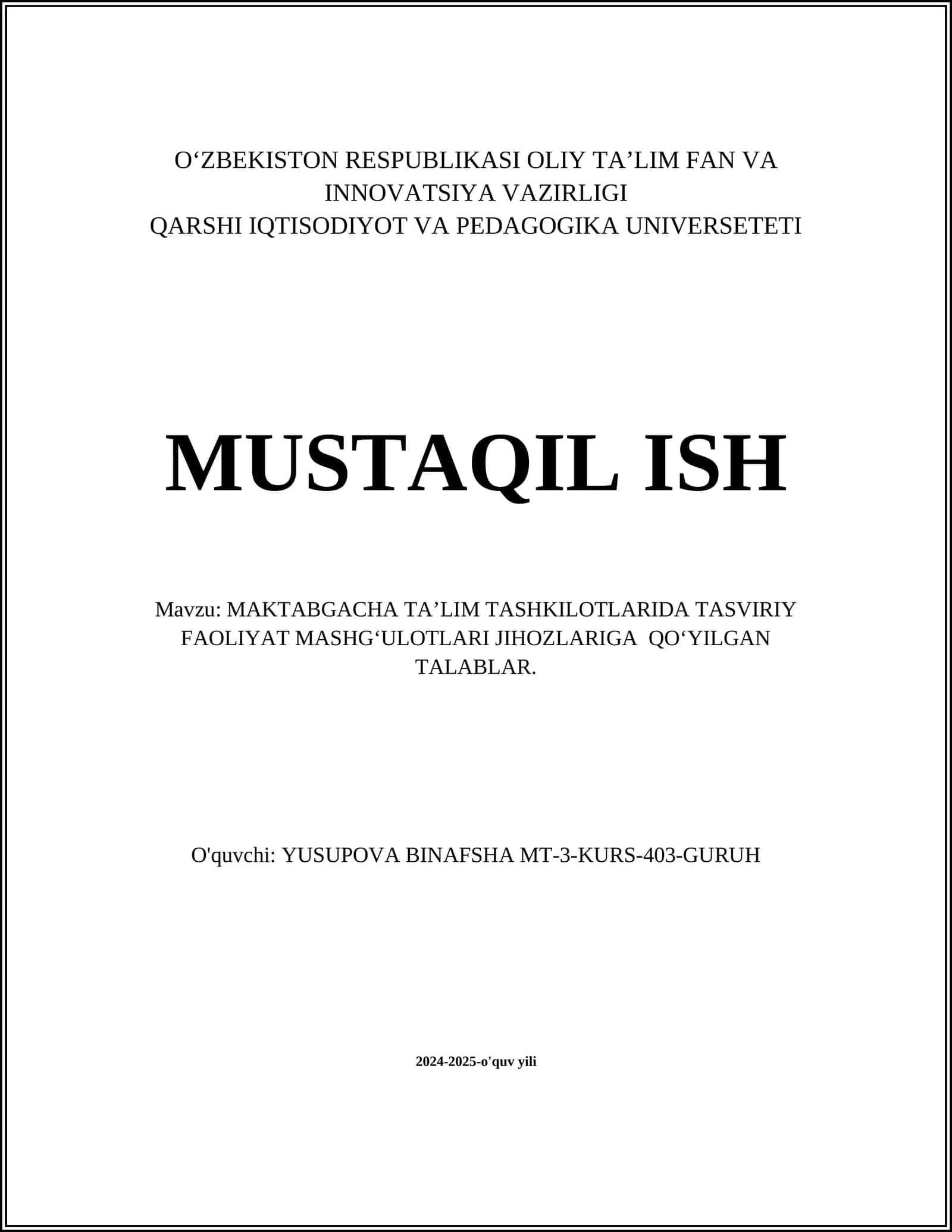 MAKTABGACHA TA’LIM TASHKILOTLARIDA TASVIRIY FAOLIYAT MASHG‘ULOTLARI JIHOZLARIGA QO‘YILGAN TALABLAR 1