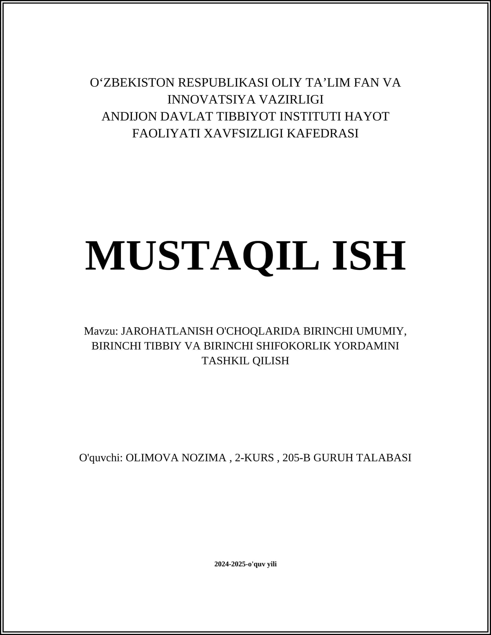 JAROHATLANISH O'CHOQLARIDA BIRINCHI UMUMIY, BIRINCHI TIBBIY VA BIRINCHI SHIFOKORLIK YORDAMINI TASHKIL QILISH 1