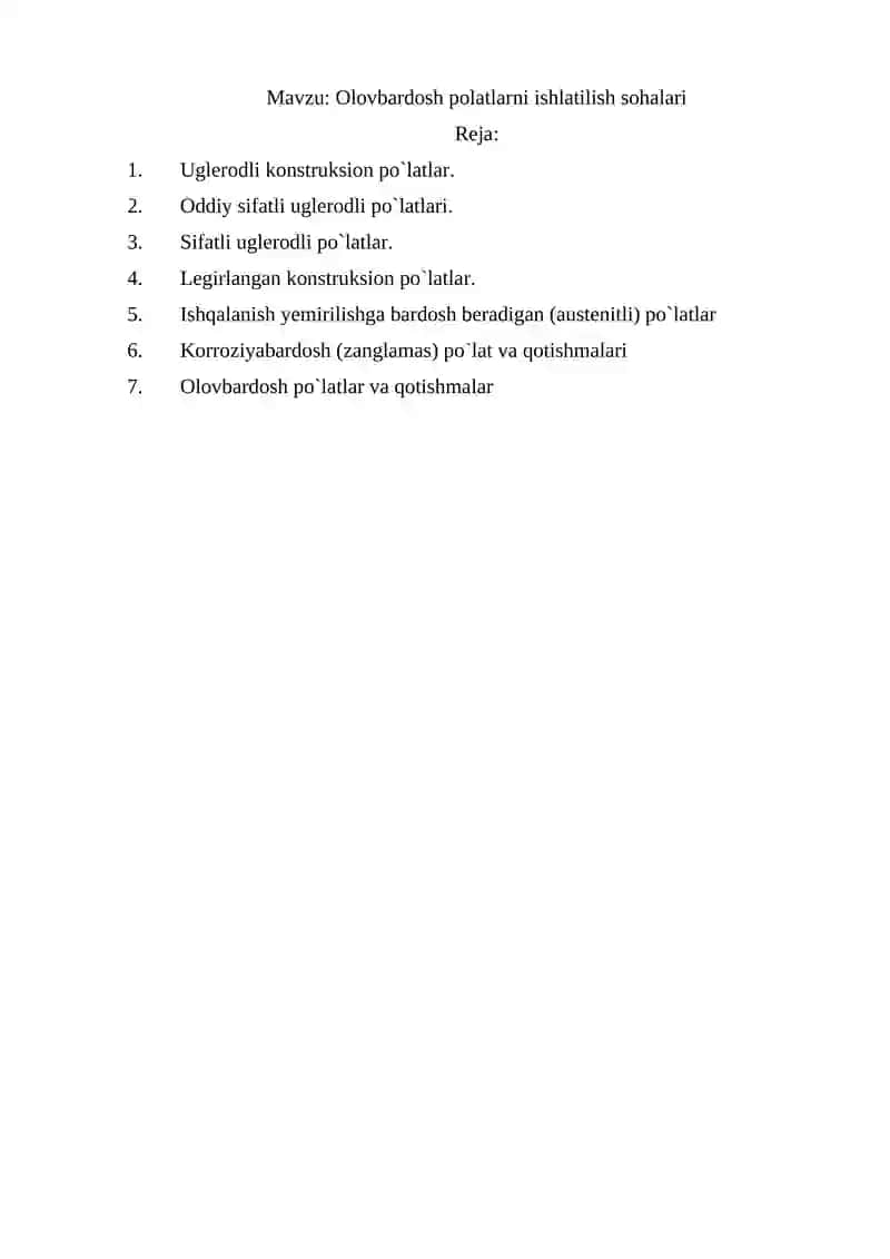 Olovbardosh polatlarni ishlatilish sohalari