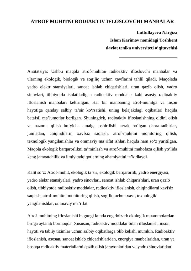 ATROF MUHITNI RODIAKTIV IFLOSLOVCHI MANBALAR 1