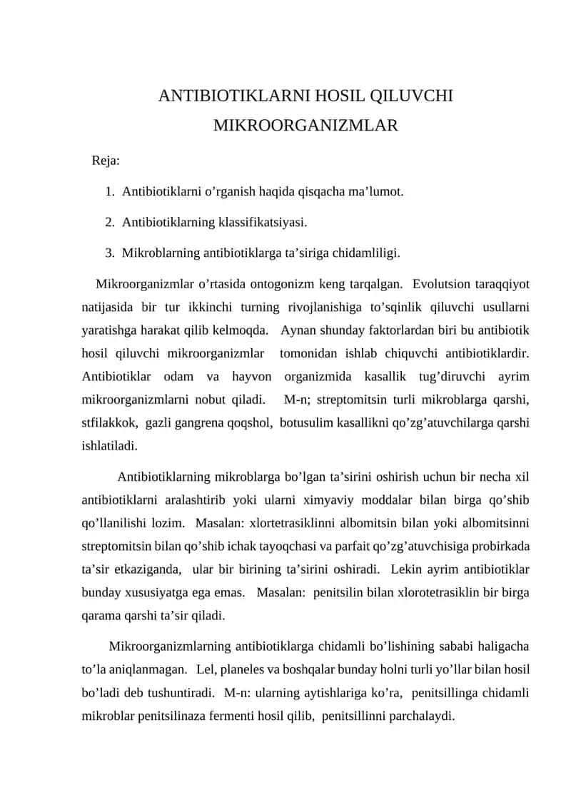 ANTIBIOTIKLARNI HOSIL QILUVCHI MIKROORGANIZMLAR 1