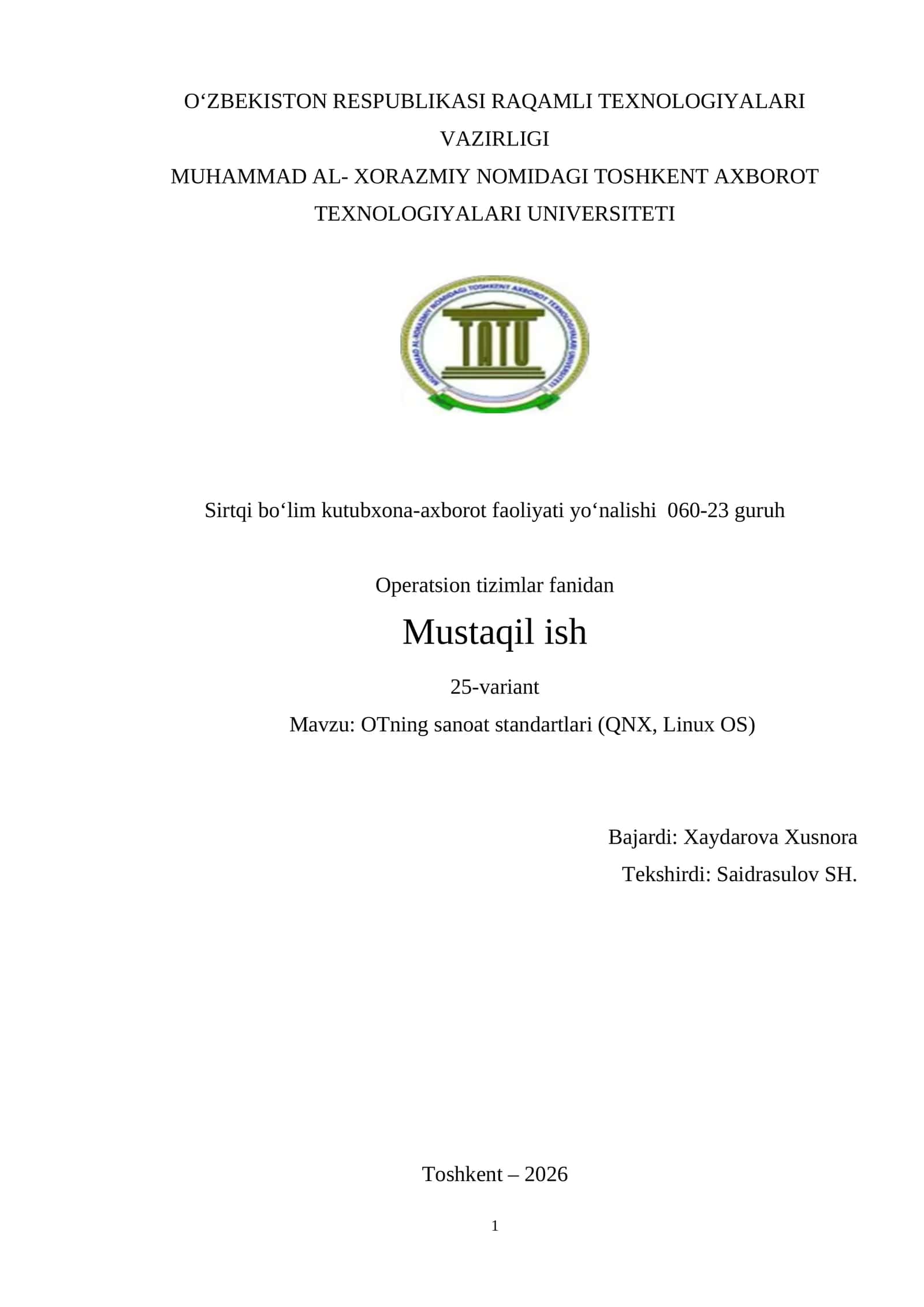 OTning sanoat standartlari (QNX, Linux OS) 1
