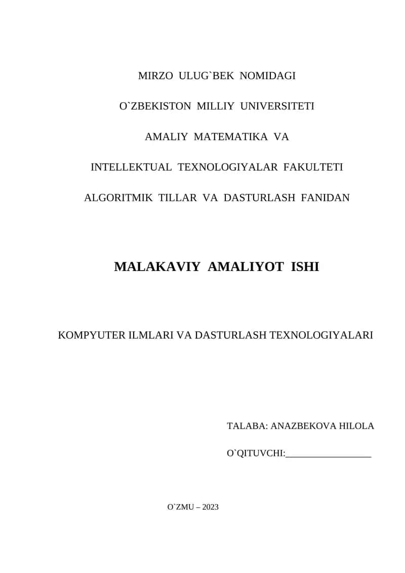 Malakaviy Amaliyot Ishi 1