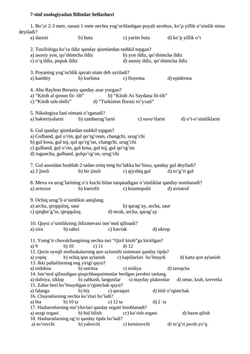 7-sinf zoologiyadan Bilimlar bellashuvi 1