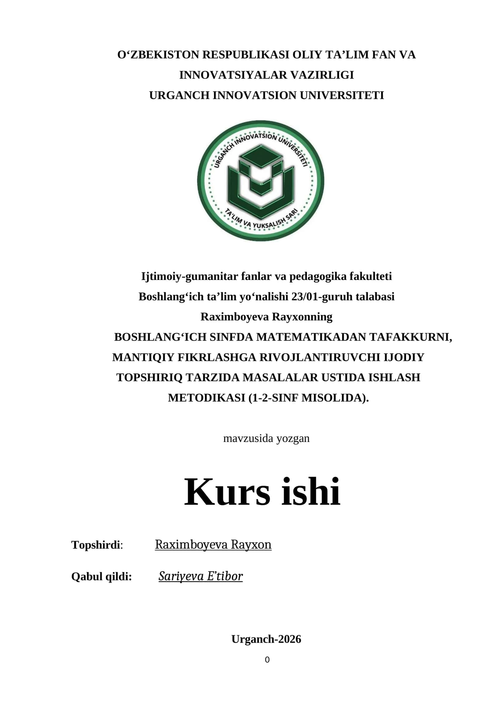 BOSHLANG‘ICH SINFDA MATEMATIKADAN TAFAKKURNI, MANTIQIY FIKRLASHGA RIVOJLANTIRUVCHI IJODIY TOPSHIRIQ TARZIDA MASALALAR USTIDA ISHLASH METODIKASI (1-2-SINF MISOLIDA) 1