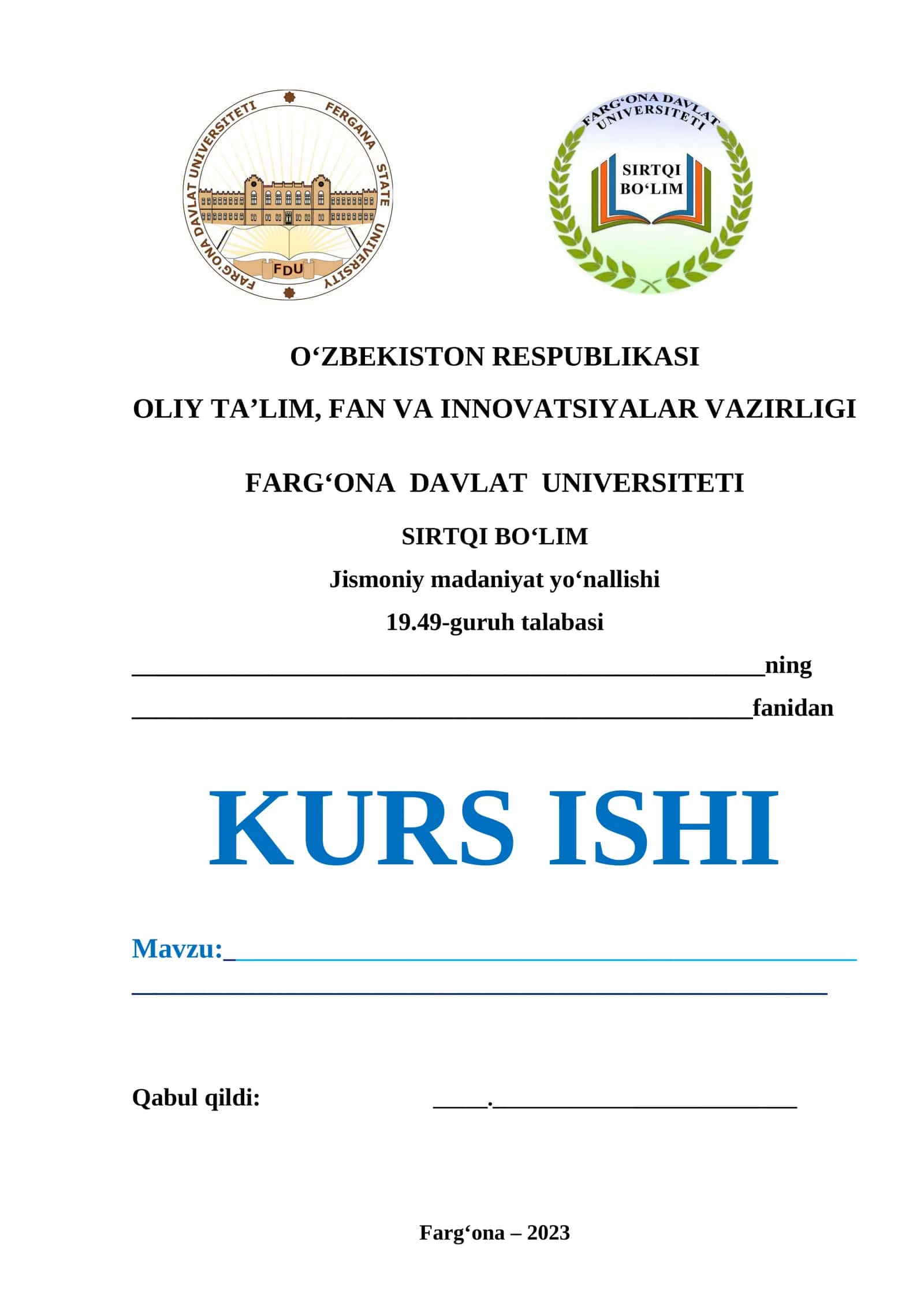 Jismoniy madaniyat yo‘nallishi KURS ISHI 1